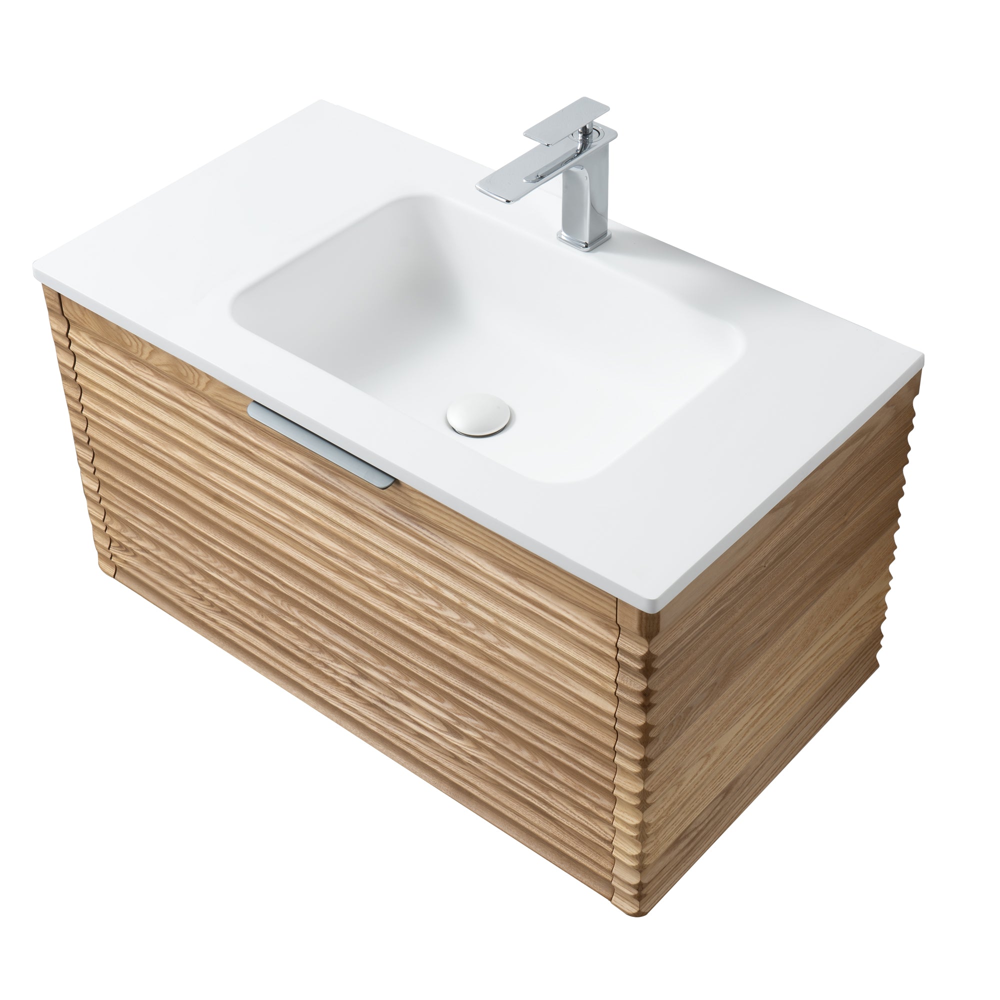 Capri 35.5 Natural Oak Cabinet, Solid Surface Sink, Wall Mounted Modern Vanity Set