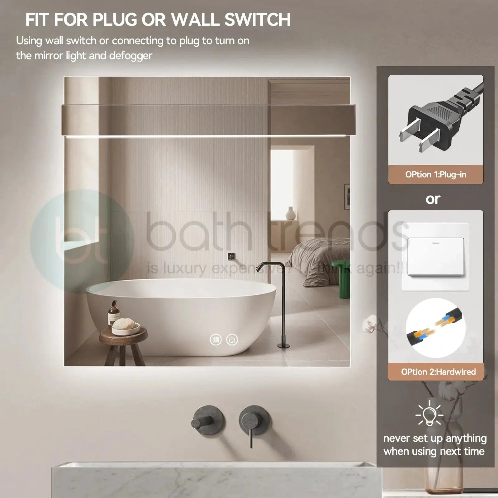 Aquamoon 8399 LED Bathroom Mirror 31" x 31" Wall Mounted With Bottom Front Touch On/Off Switch 6000K High Lumen 