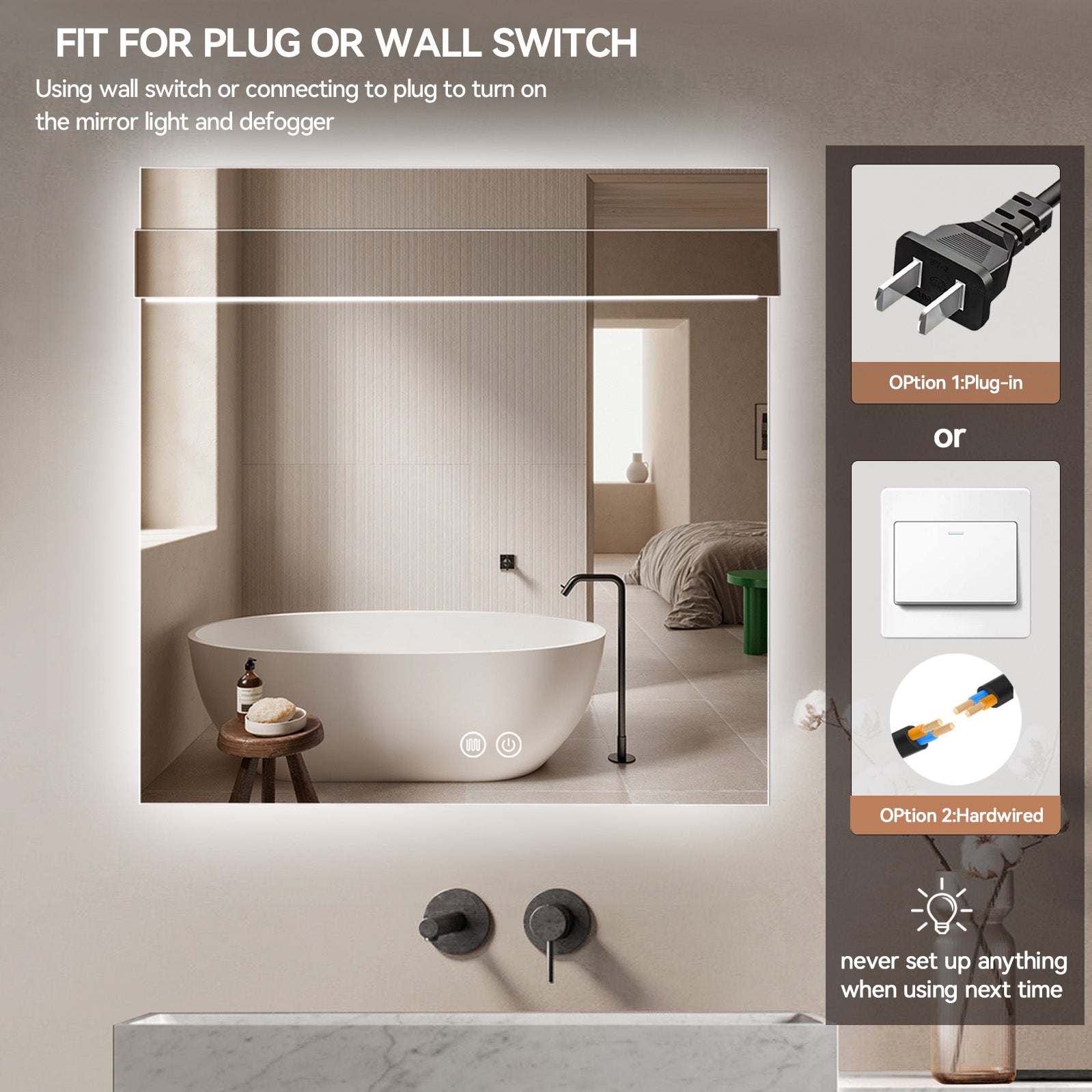 Aquamoon 8399 LED Bathroom Mirror 31" x 31" Wall Mounted With Bottom Front Touch On/Off Switch 6000K High Lumen