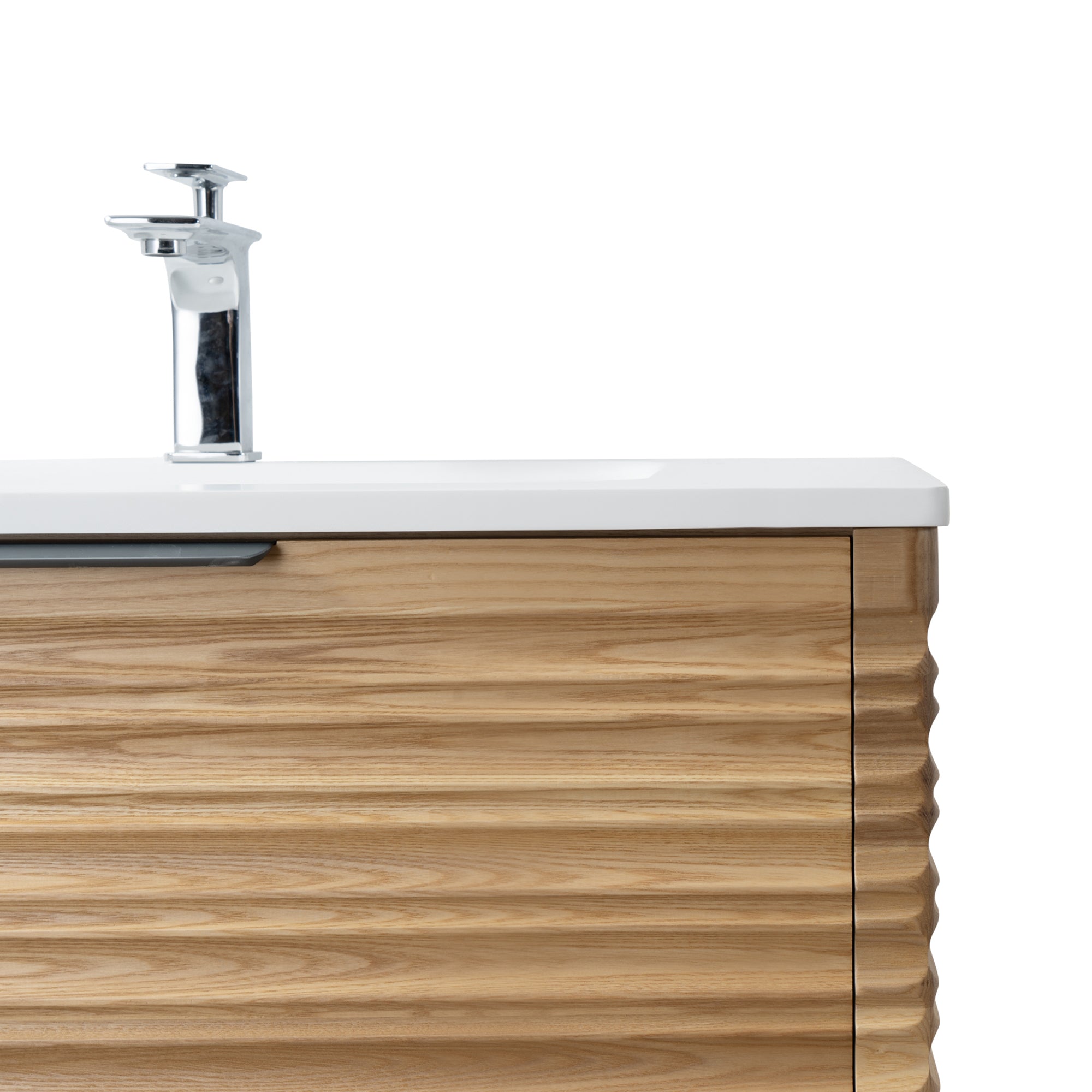 Capri 39.5 Natural Oak Cabinet, Solid Surface Sink, Wall Mounted Modern Vanity Set