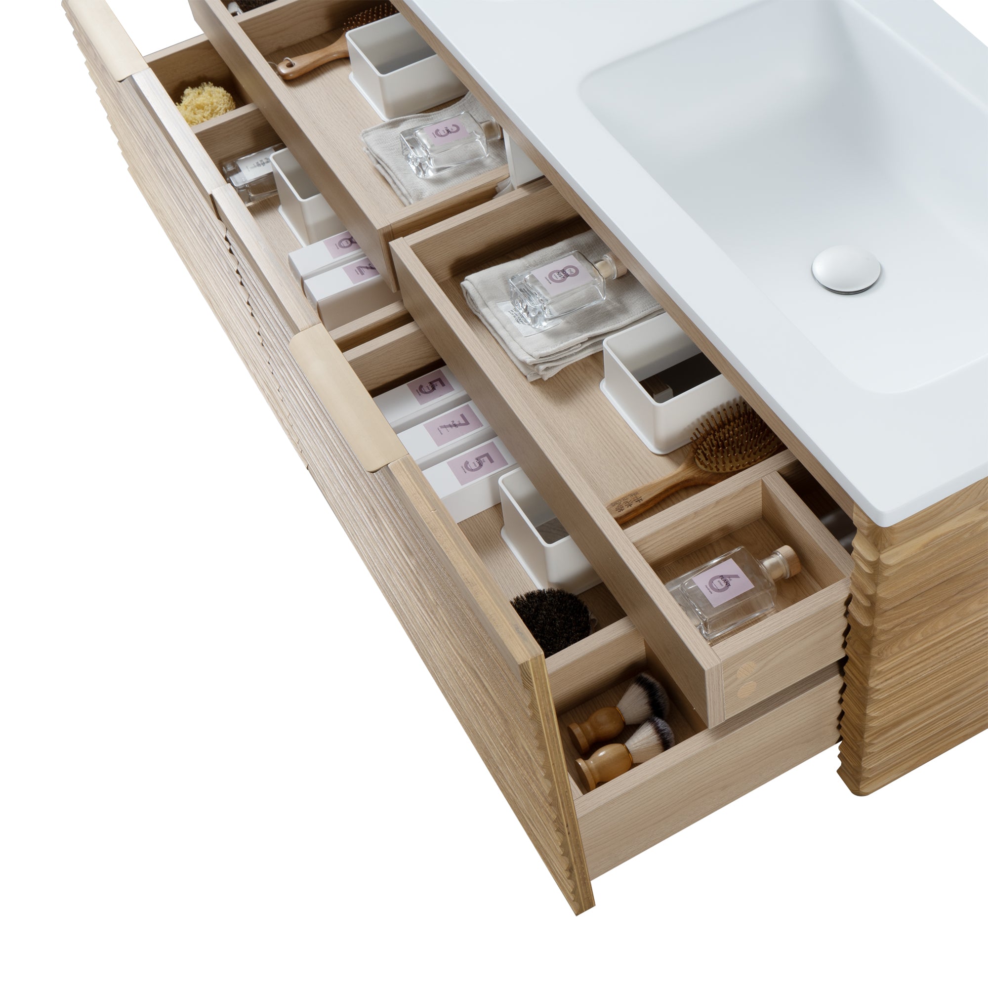 Capri 59.5 Natural Oak Cabinet, Solid Surface Sink, Wall Mounted Modern Vanity Set