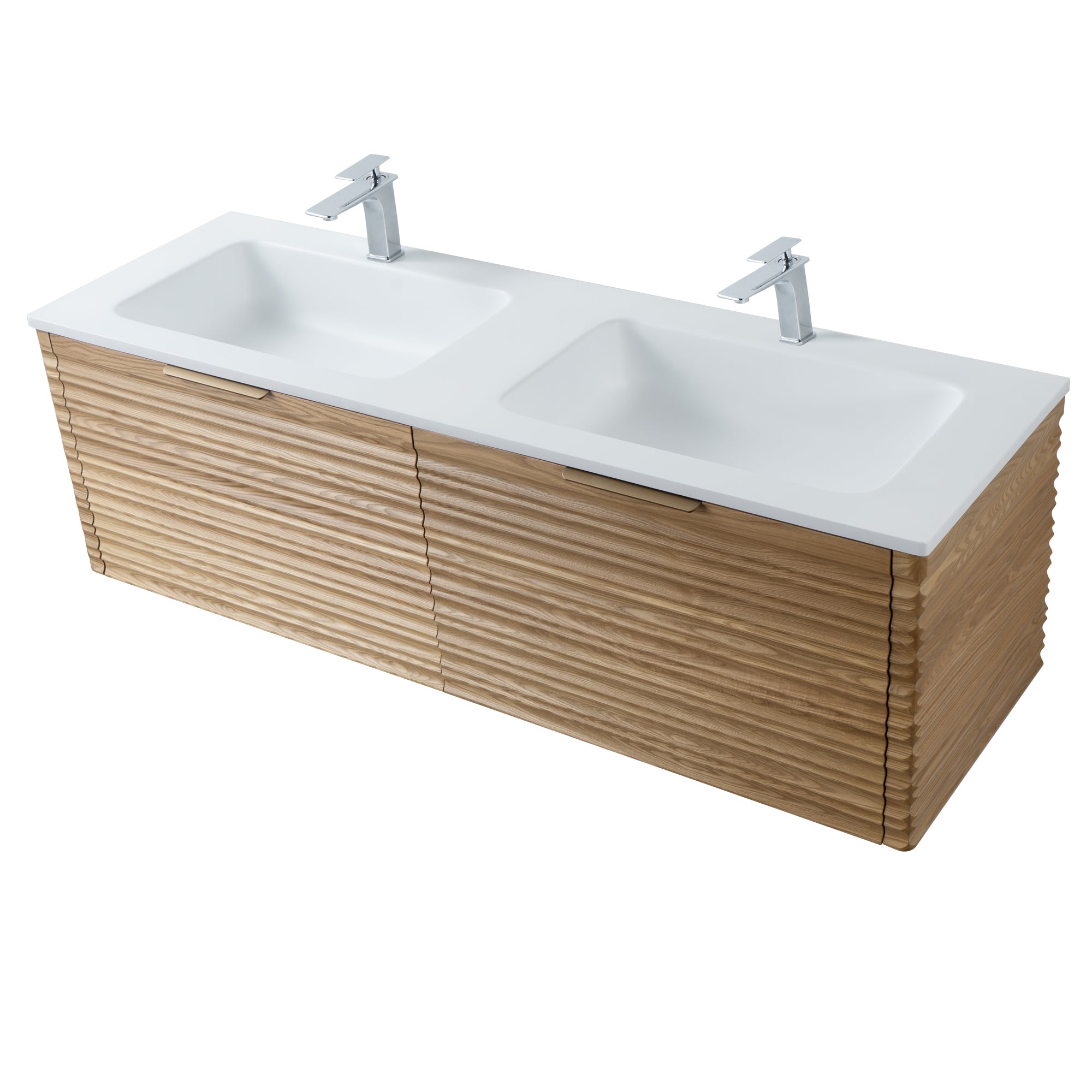 Capri 59.5 Natural Oak Cabinet, Solid Surface Sink, Wall Mounted Modern Vanity Set