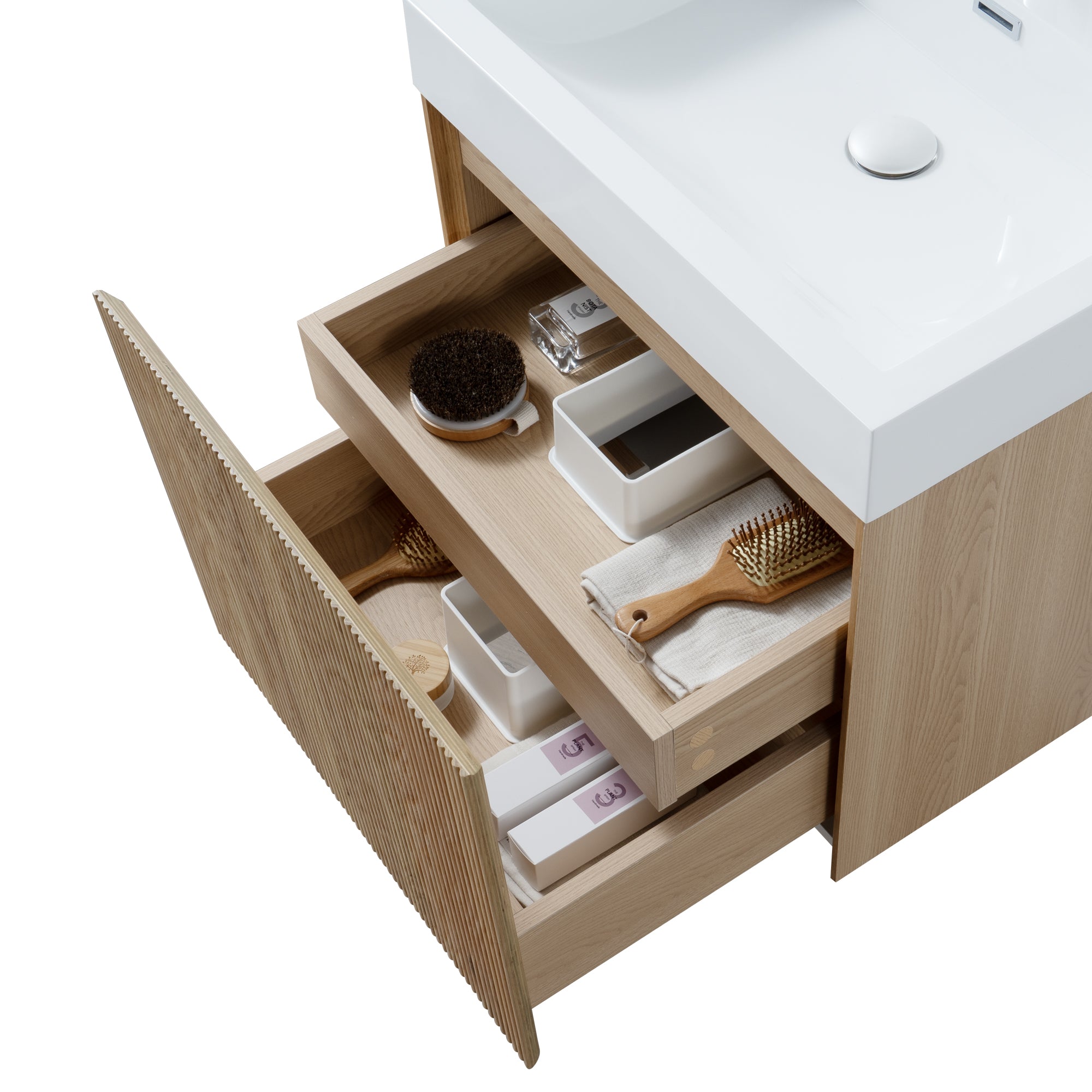 Miami 23.5 Natural Oak Cabinet, Square Cultured Marble Sink, Wall Mounted Modern Vanity Set