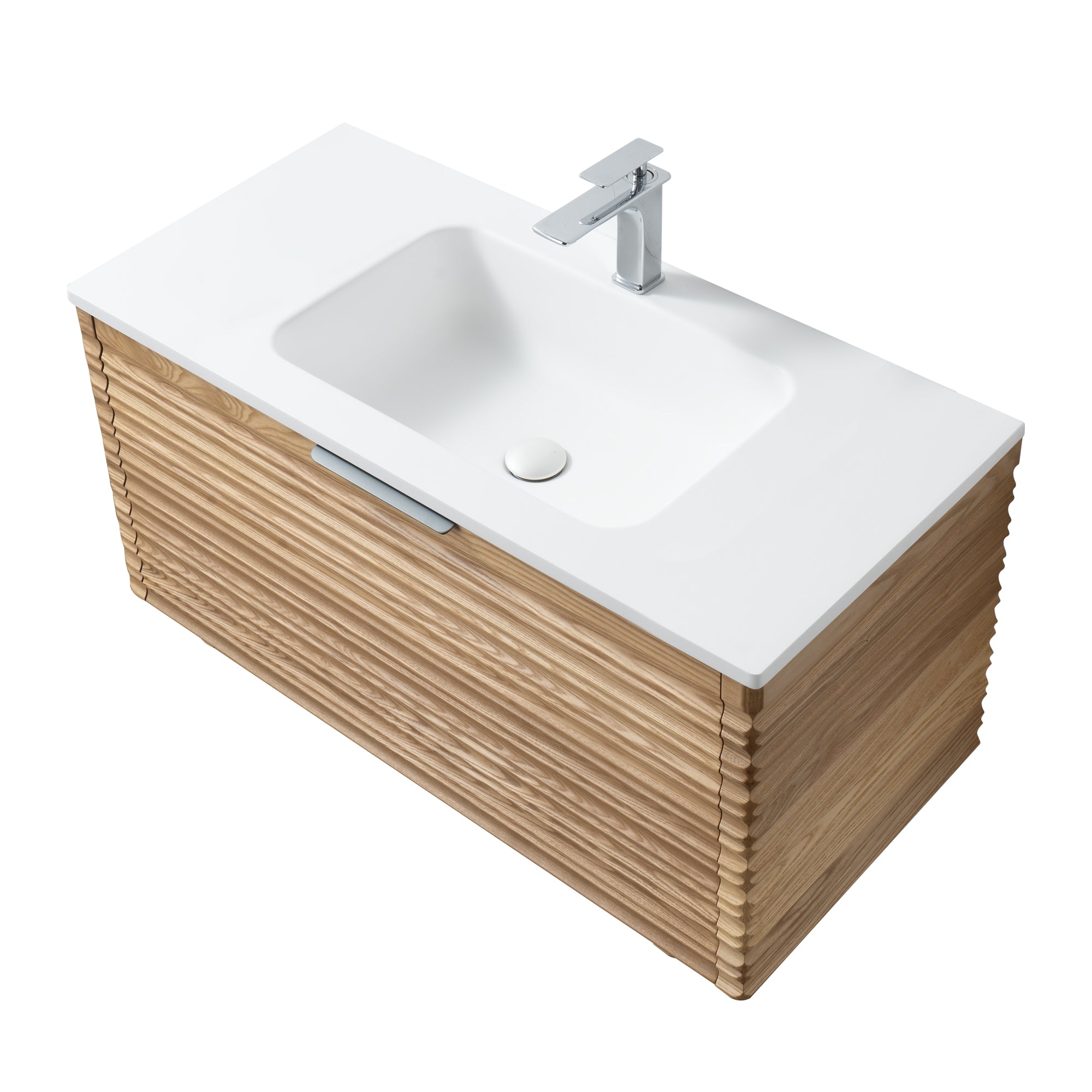 Capri 39.5 Natural Oak Cabinet, Solid Surface Sink, Wall Mounted Modern Vanity Set