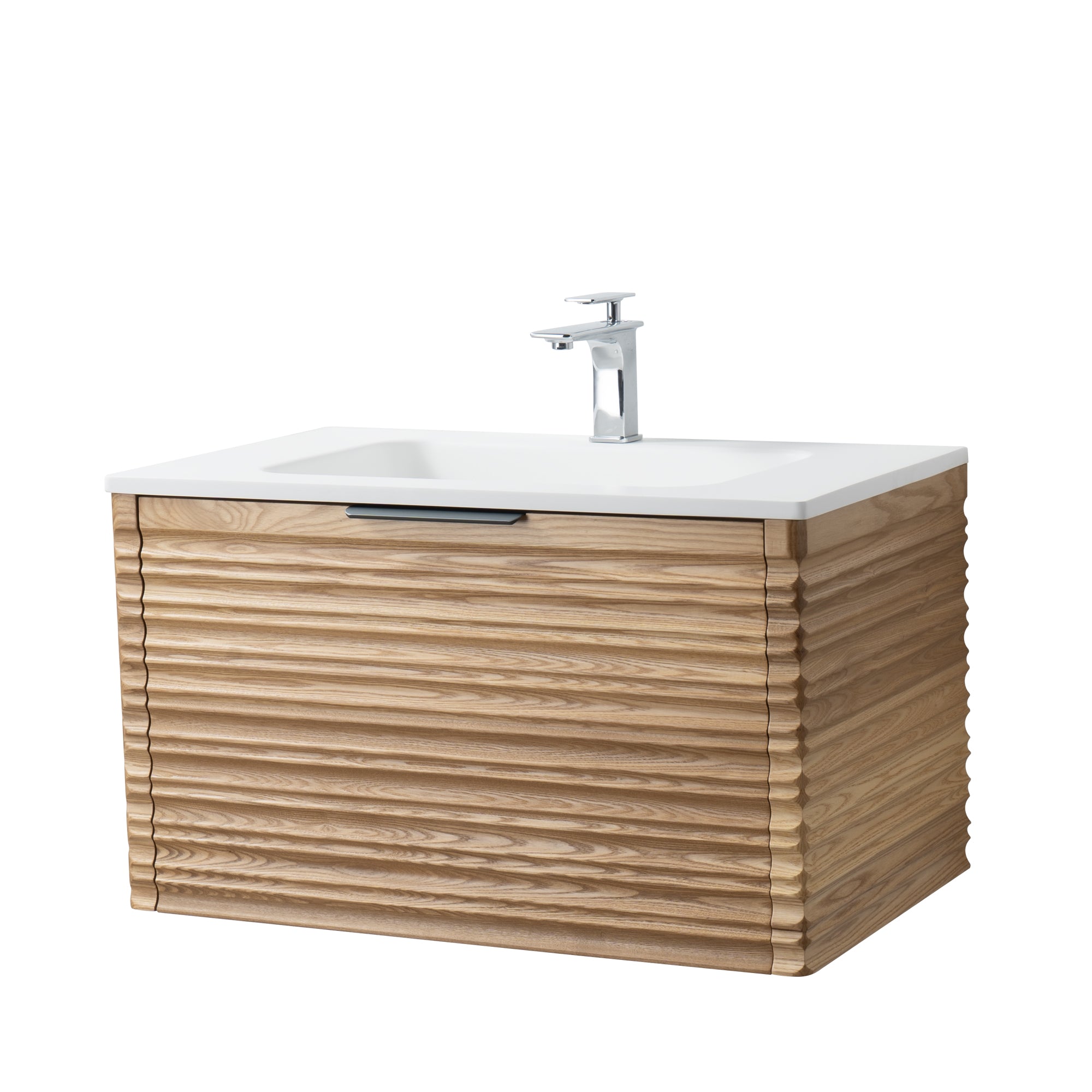 Capri 31.5 Natural Oak Cabinet, Solid Surface Sink, Wall Mounted Modern Vanity Set