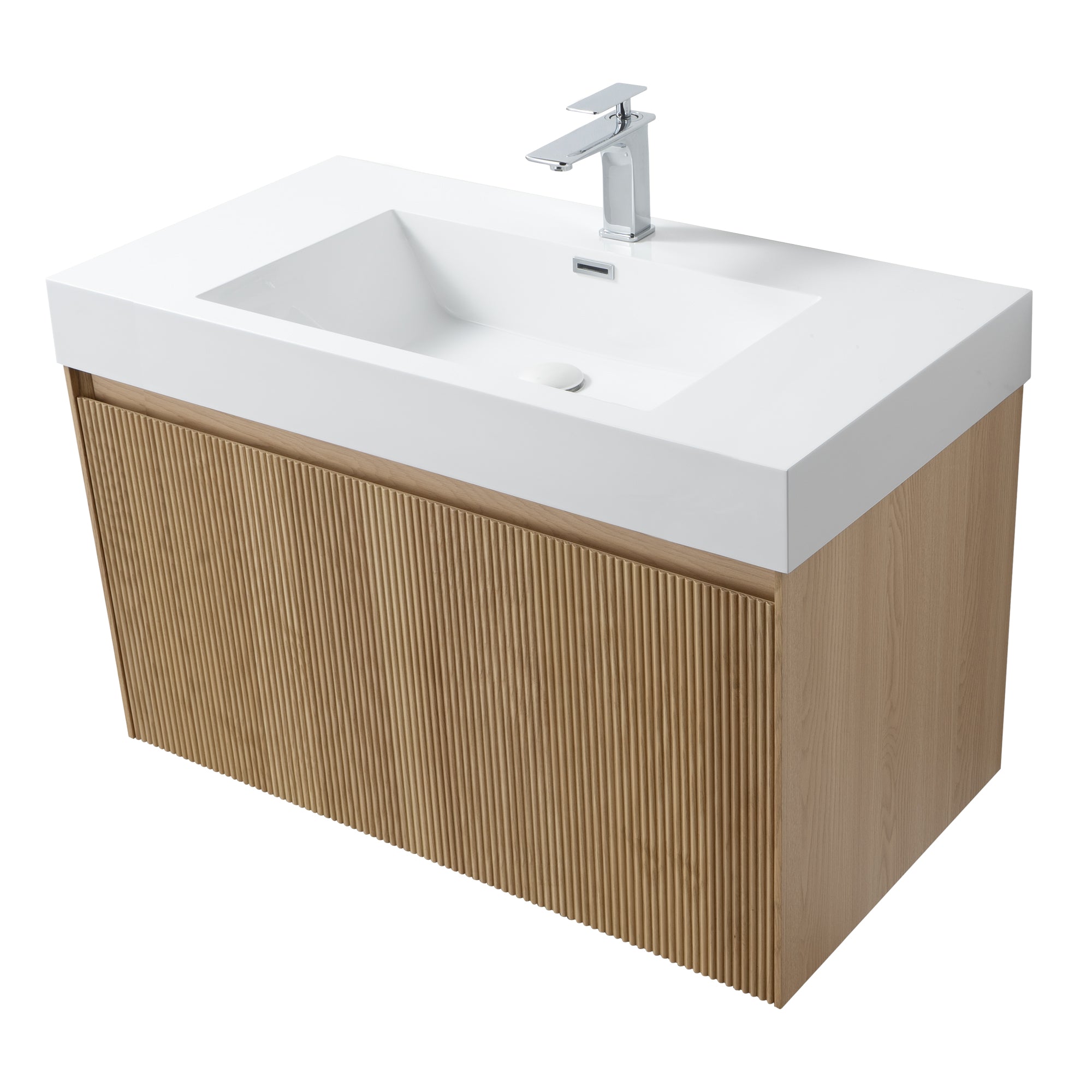 Miami 39.5 Natural Oak Cabinet, Square Cultured Marble Sink, Wall Mounted Modern Vanity Set