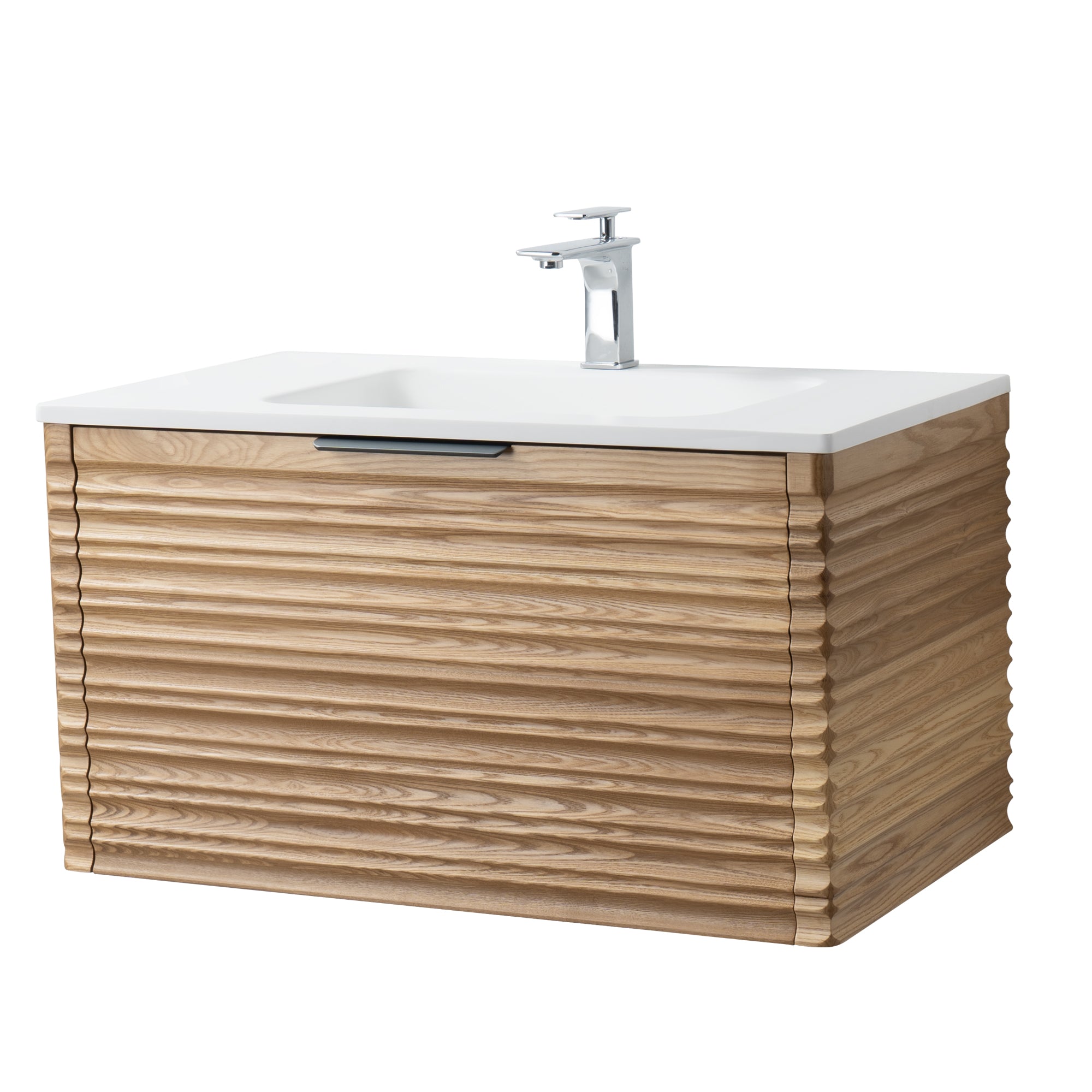 Capri 35.5 Natural Oak Cabinet, Solid Surface Sink, Wall Mounted Modern Vanity Set