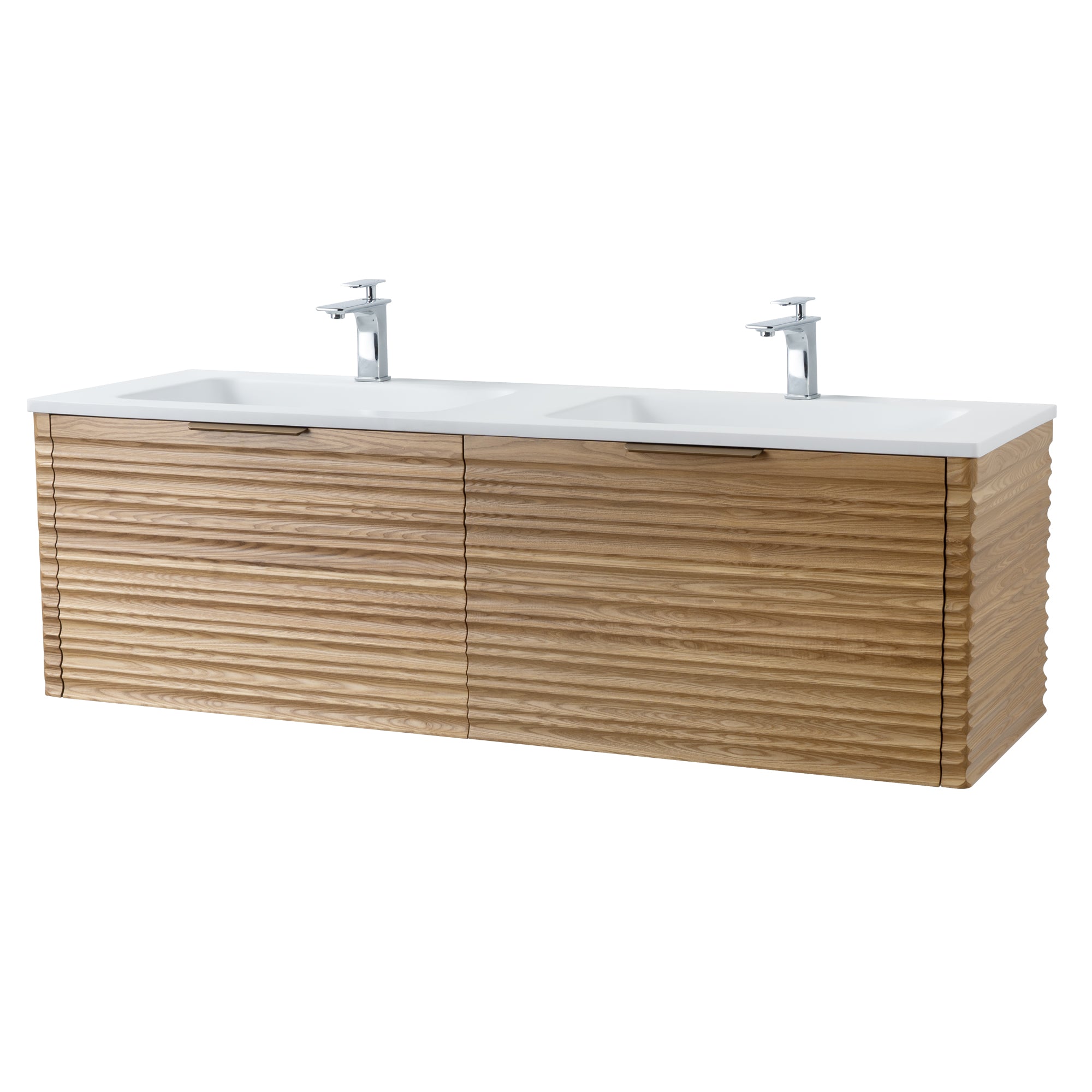 Capri 59.5 Natural Oak Cabinet, Solid Surface Sink, Wall Mounted Modern Vanity Set