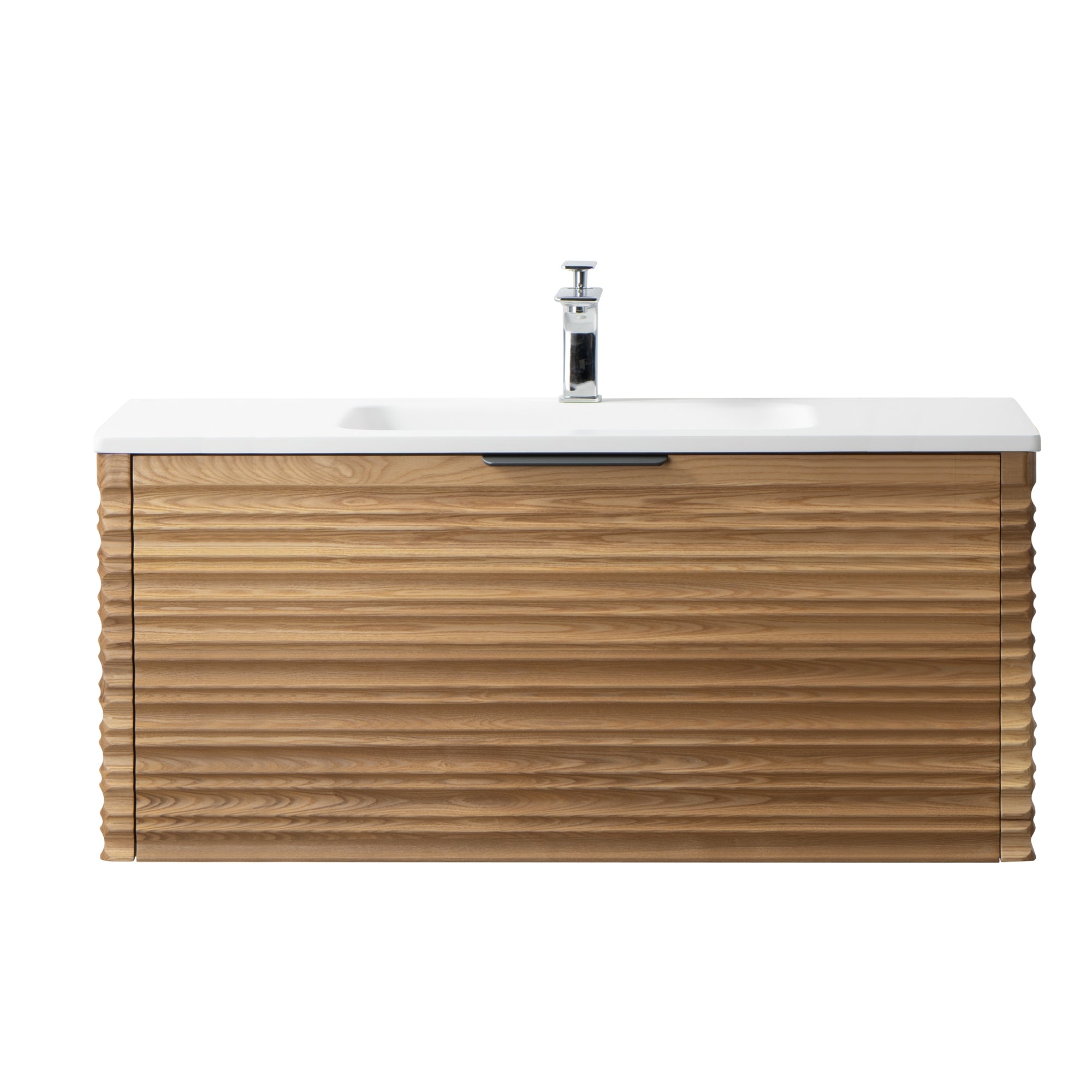 Capri 39.5 Natural Oak Cabinet, Solid Surface Sink, Wall Mounted Modern Vanity Set