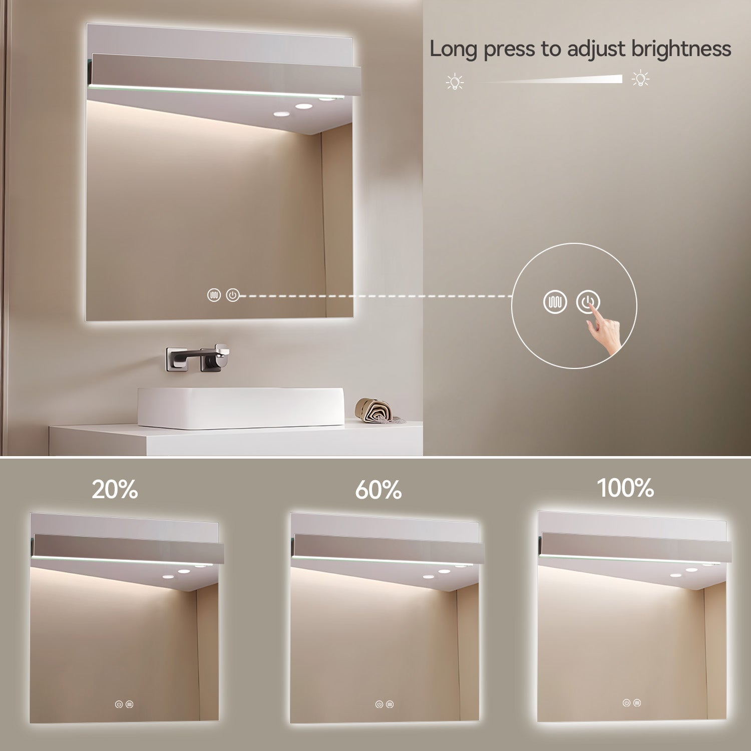 Aquamoon 8399 LED Bathroom Mirror 31" x 31" Wall Mounted With Bottom Front Touch On/Off Switch 6000K High Lumen