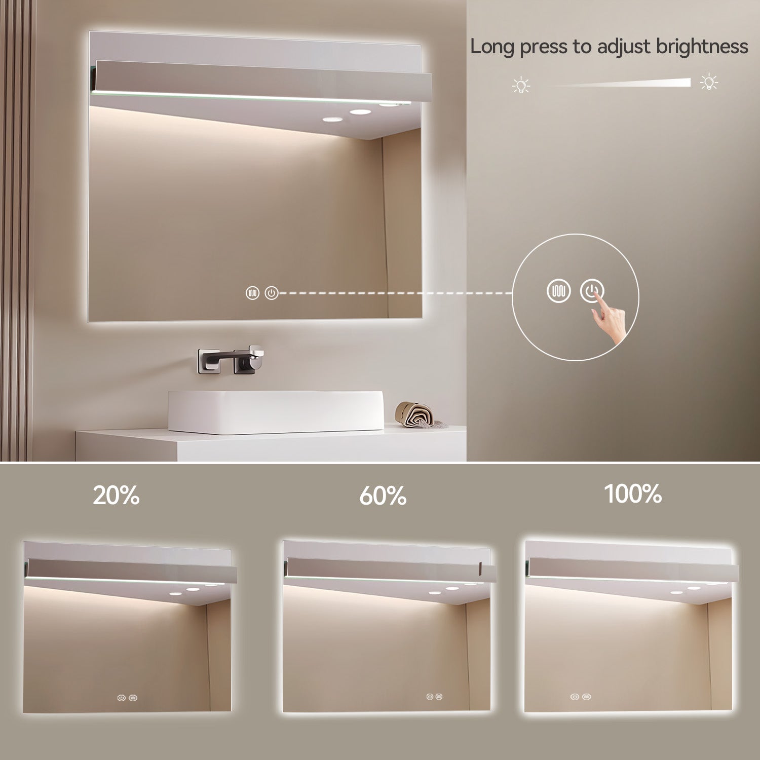 Aquamoon 8399 LED Bathroom Mirror 39" x 31" Wall Mounted With Bottom Front Touch On/Off Switch 6000K High Lumen 