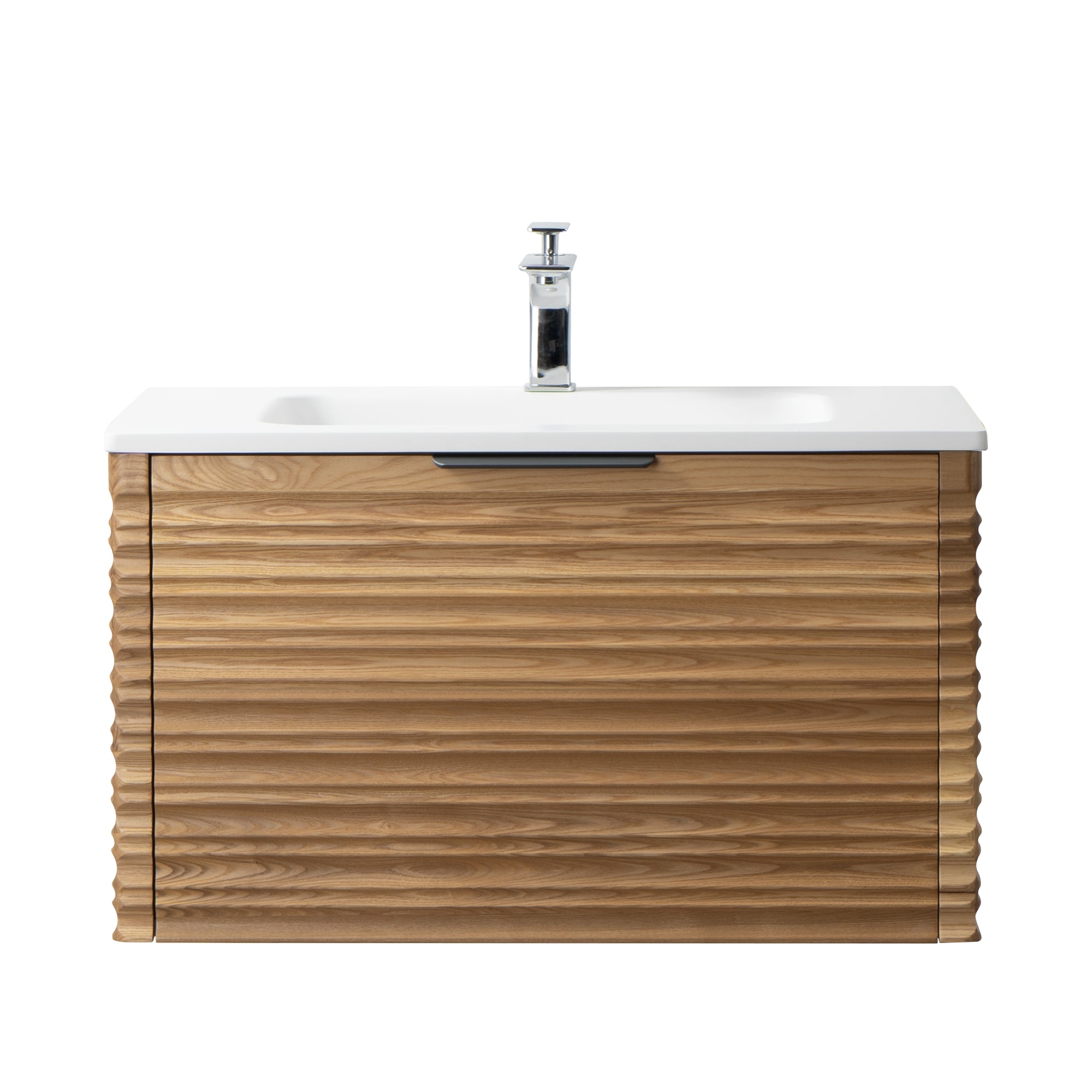 Capri 31.5 Natural Oak Cabinet, Solid Surface Sink, Wall Mounted Modern Vanity Set