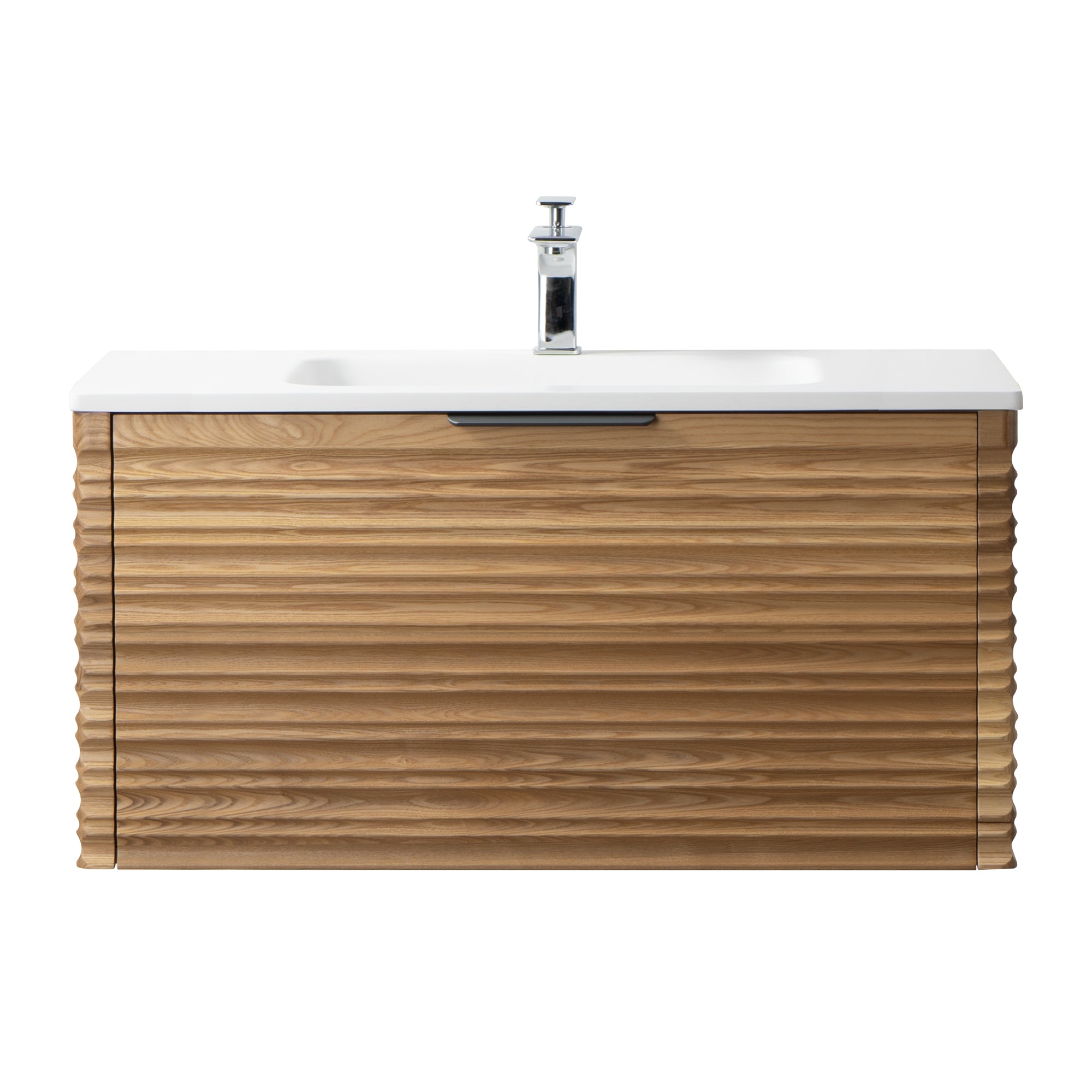 Capri 35.5 Natural Oak Cabinet, Solid Surface Sink, Wall Mounted Modern Vanity Set