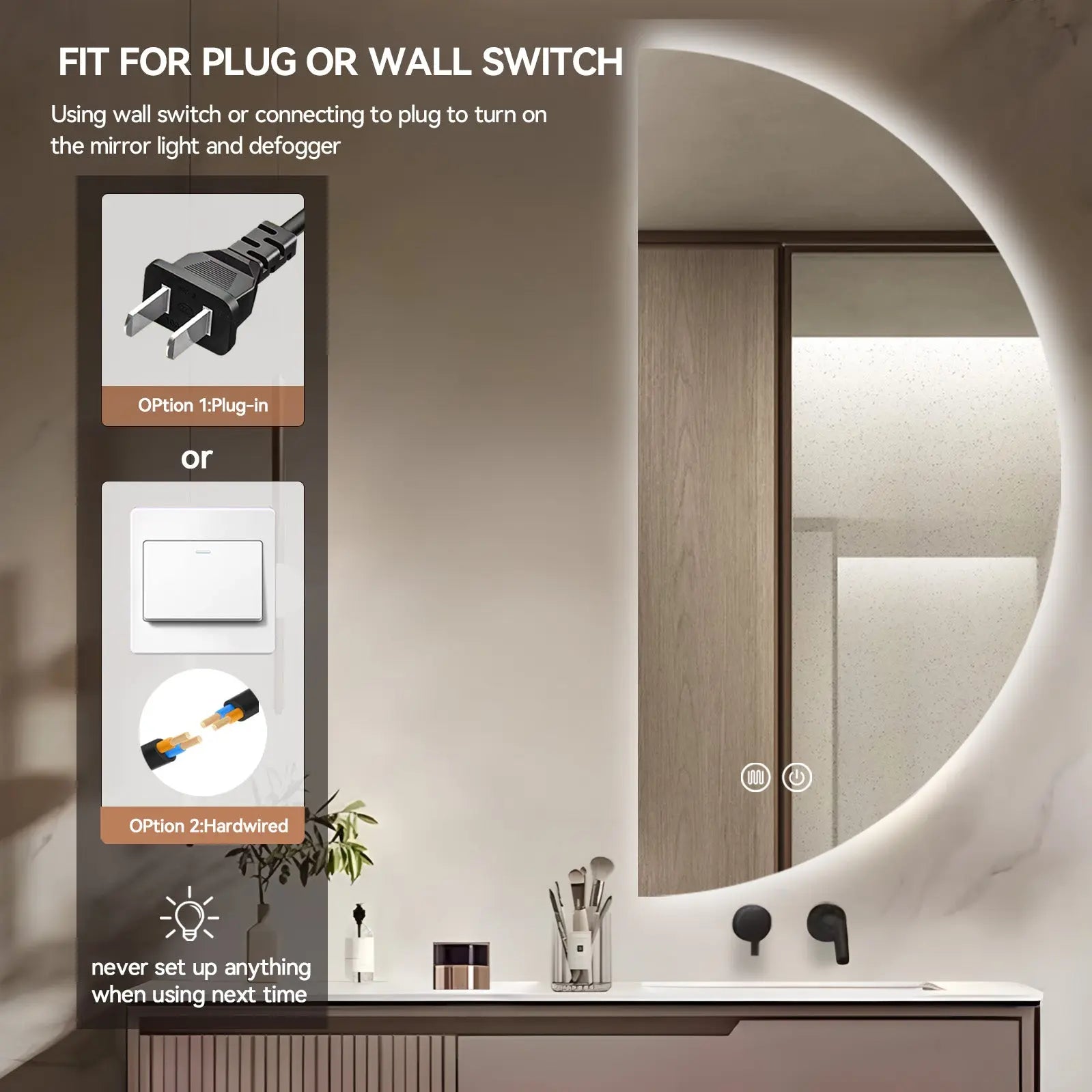 Aquamoon Media Luna Right LED Mirror Semiround Shape, Framless Design With Back Ilumination 24"W x 48"H 