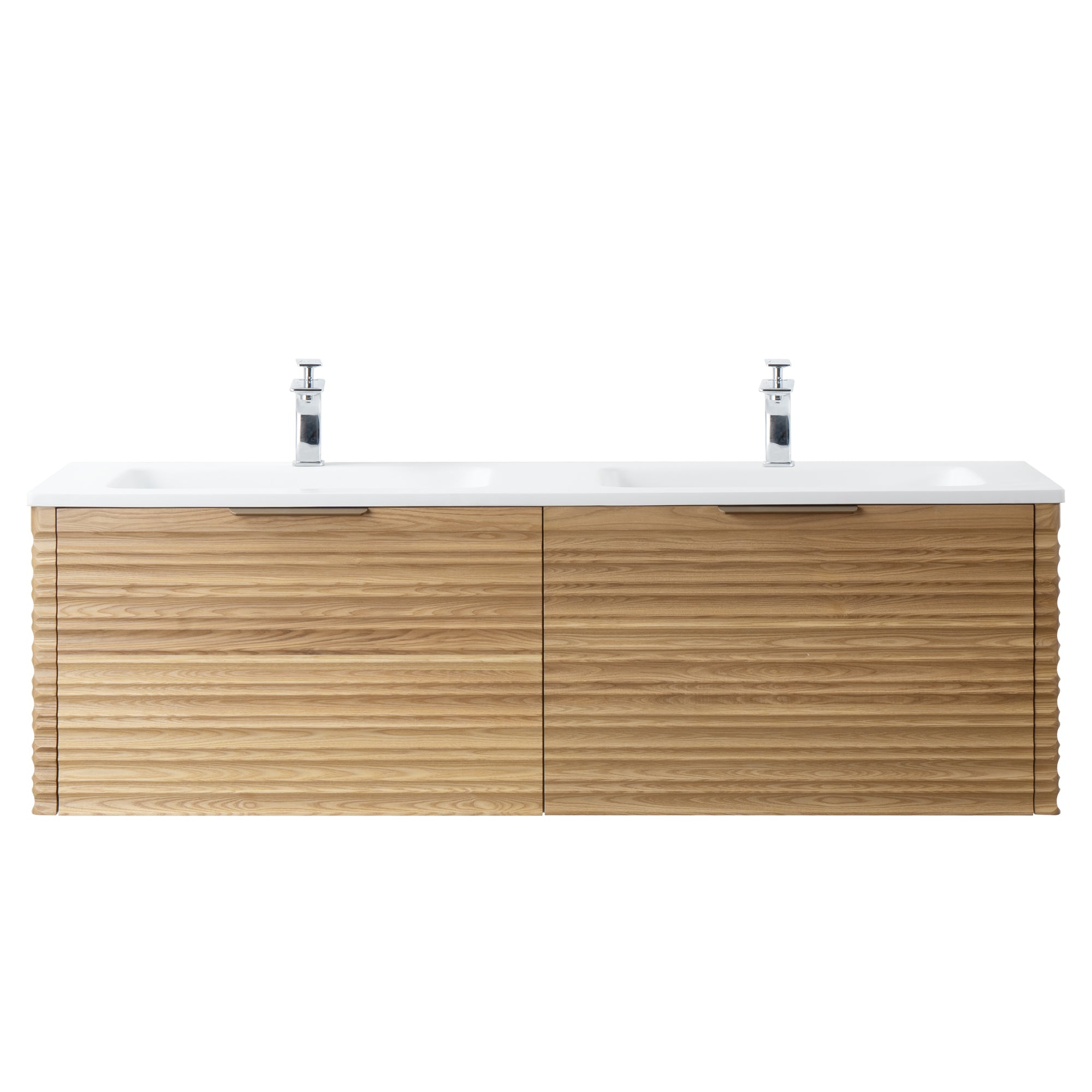 Capri 59.5 Natural Oak Cabinet, Solid Surface Sink, Wall Mounted Modern Vanity Set