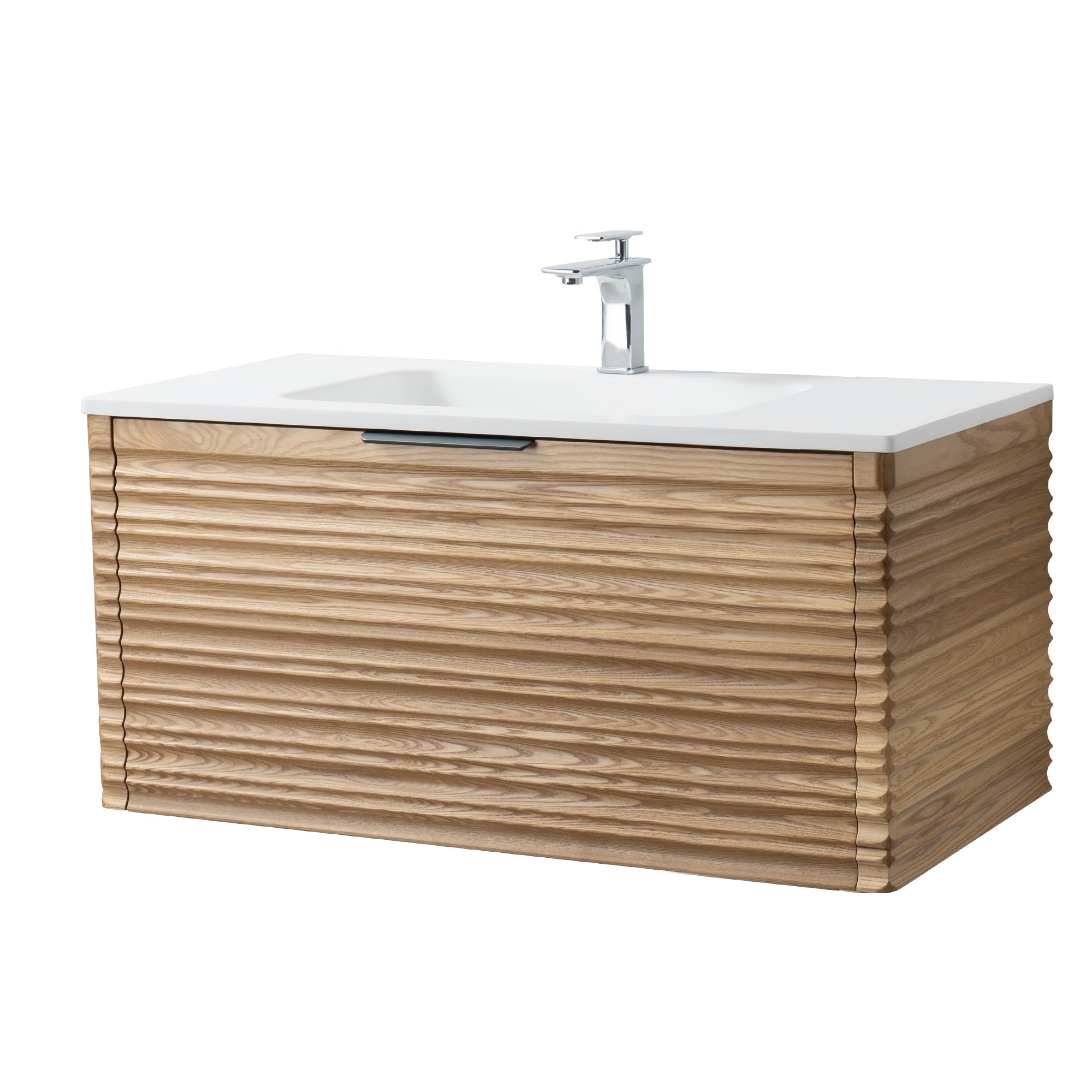 Capri 39.5 Natural Oak Cabinet, Solid Surface Sink, Wall Mounted Modern Vanity Set