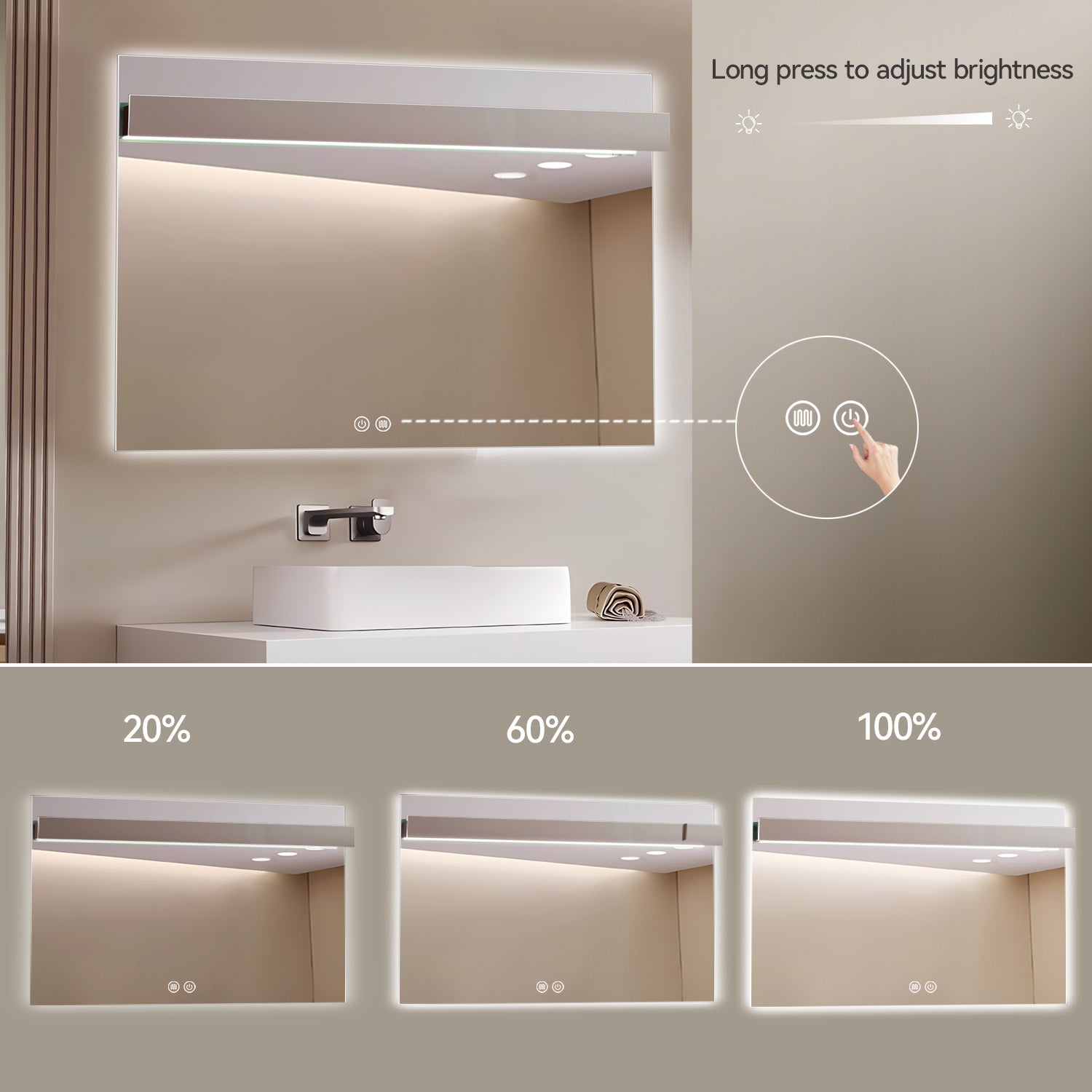 Aquamoon 8399 LED Bathroom Mirror 60" x 31" Wall Mounted With Bottom Front Touch On/Off Switch 6000K High Lumen 