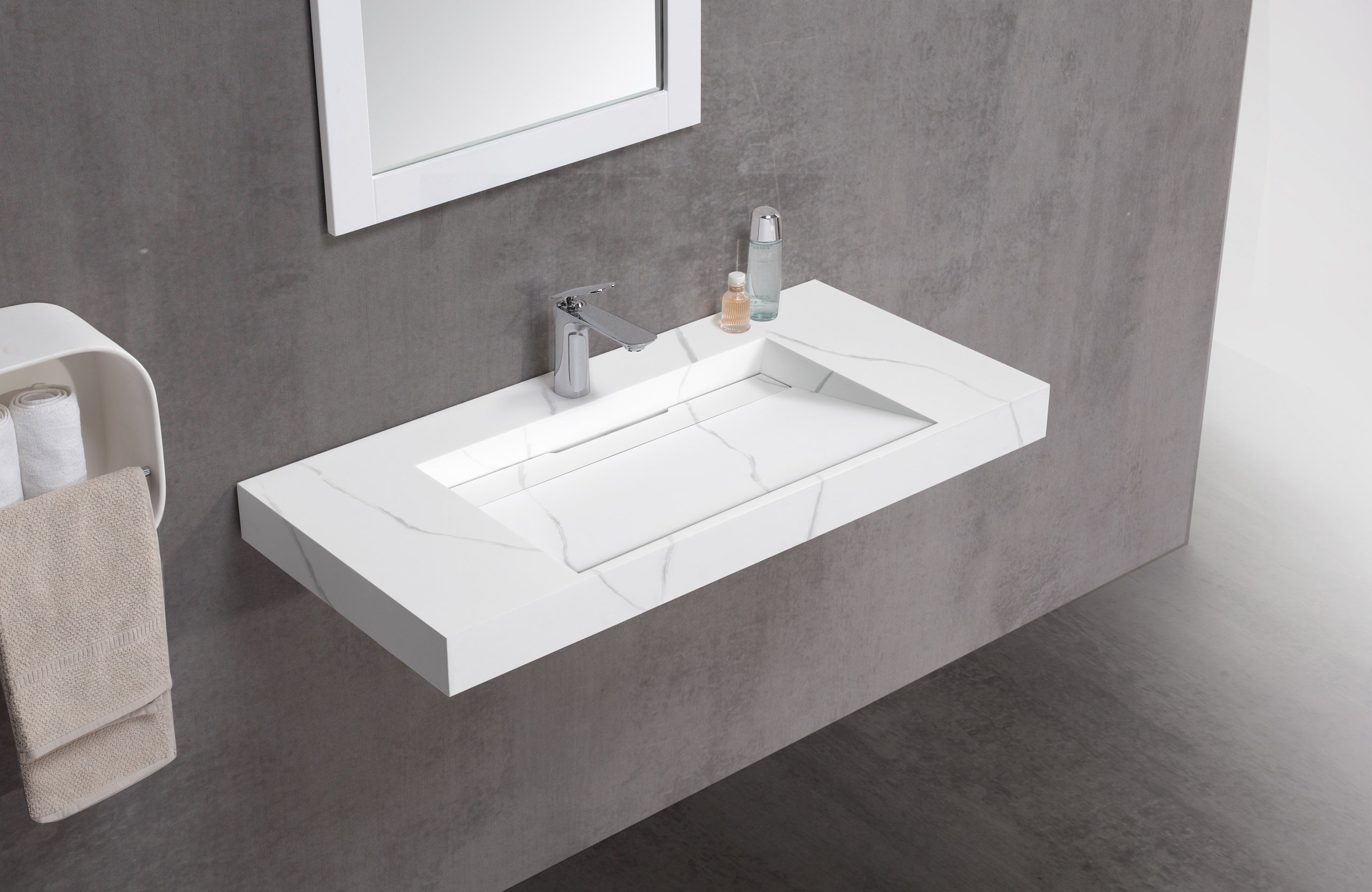 Aquamoon Venice 36" White Carrara Solid Surface Integrated /Countertop Infinity Sink