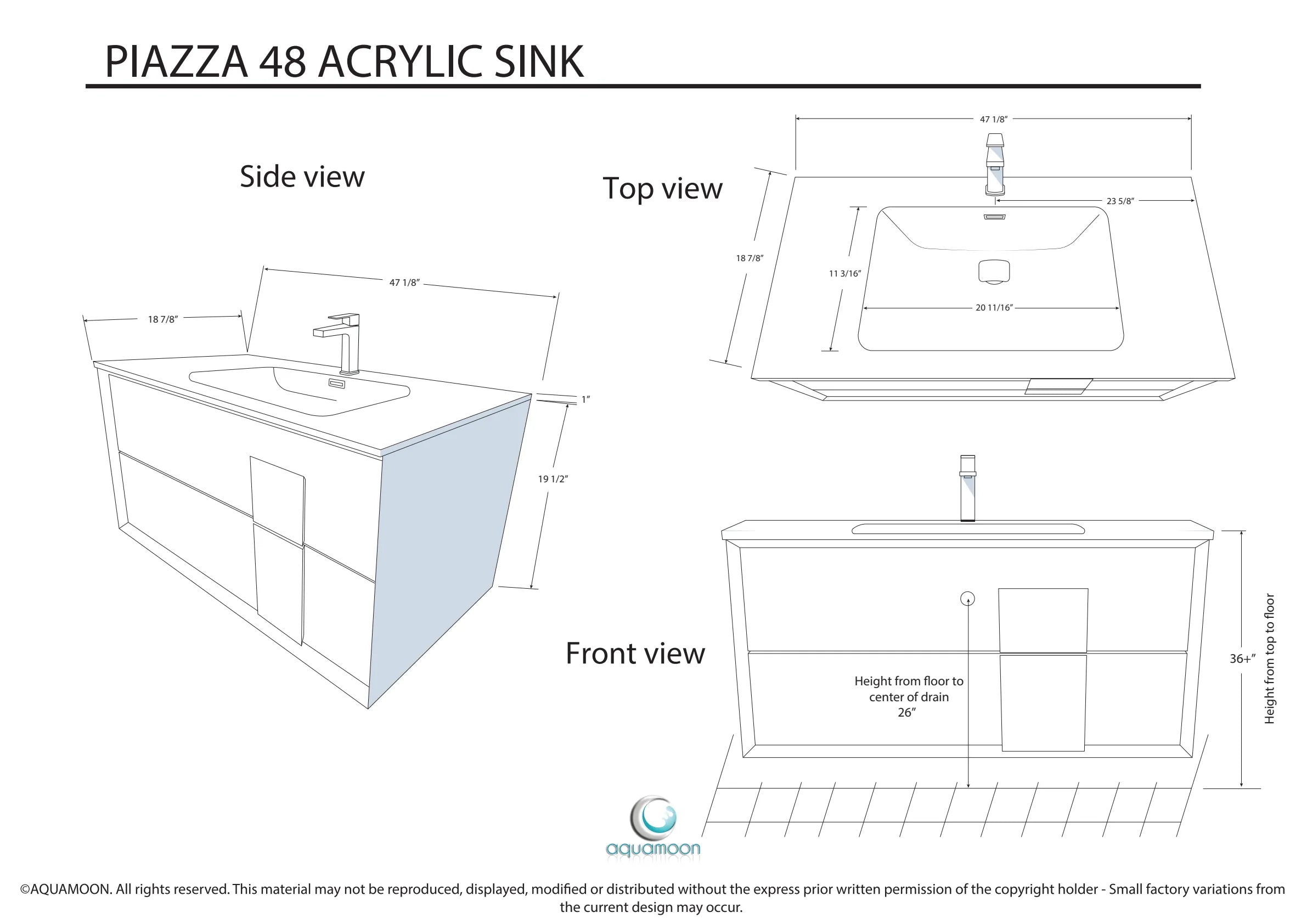 Piazza 47.5 Matte White With Black Marble Handle  Cabinet, Square Cultured Marble Sink, Wall Mounted Modern Vanity Set