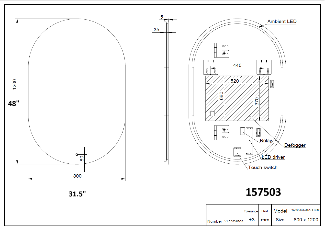 Aquamoon 1575 LED Mirror 31W x 48H With Front Touch On/Off, Oval Frameless Design With Back Illumination