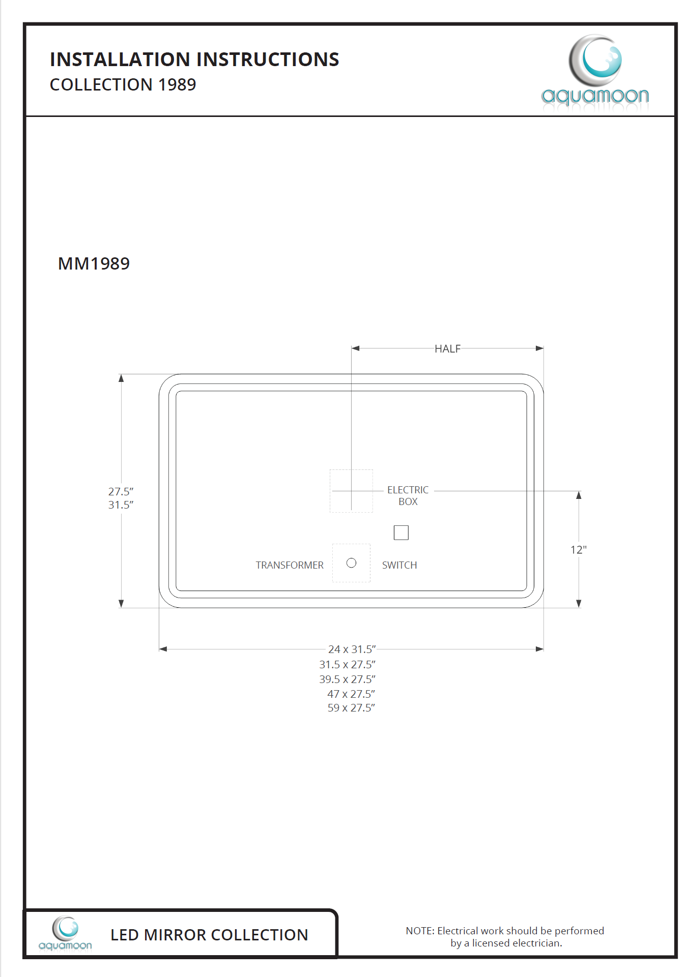 Aquamoon 1989 LED Bathroom Mirror 60" x 31" Wall Mounted Side Switch 6000K High Lumen