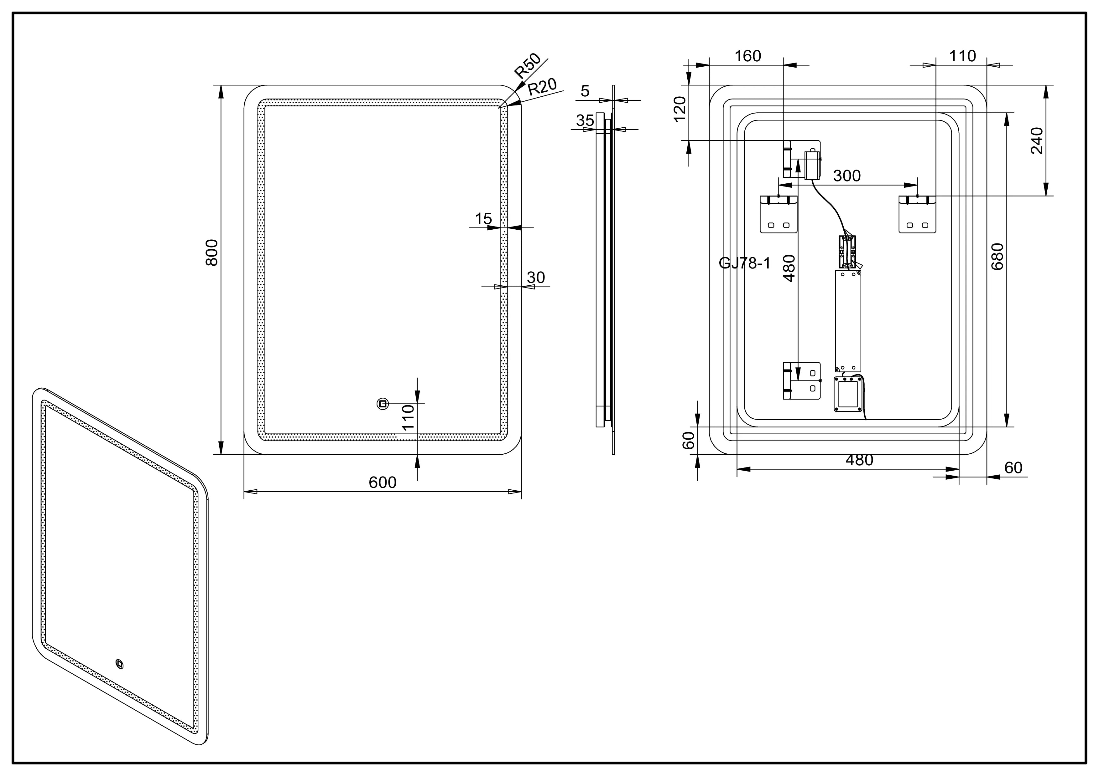 Aquamoon 2575 LED Bathroom Mirror 24" x 31" Wall Mounted Side Switch with Black Frame