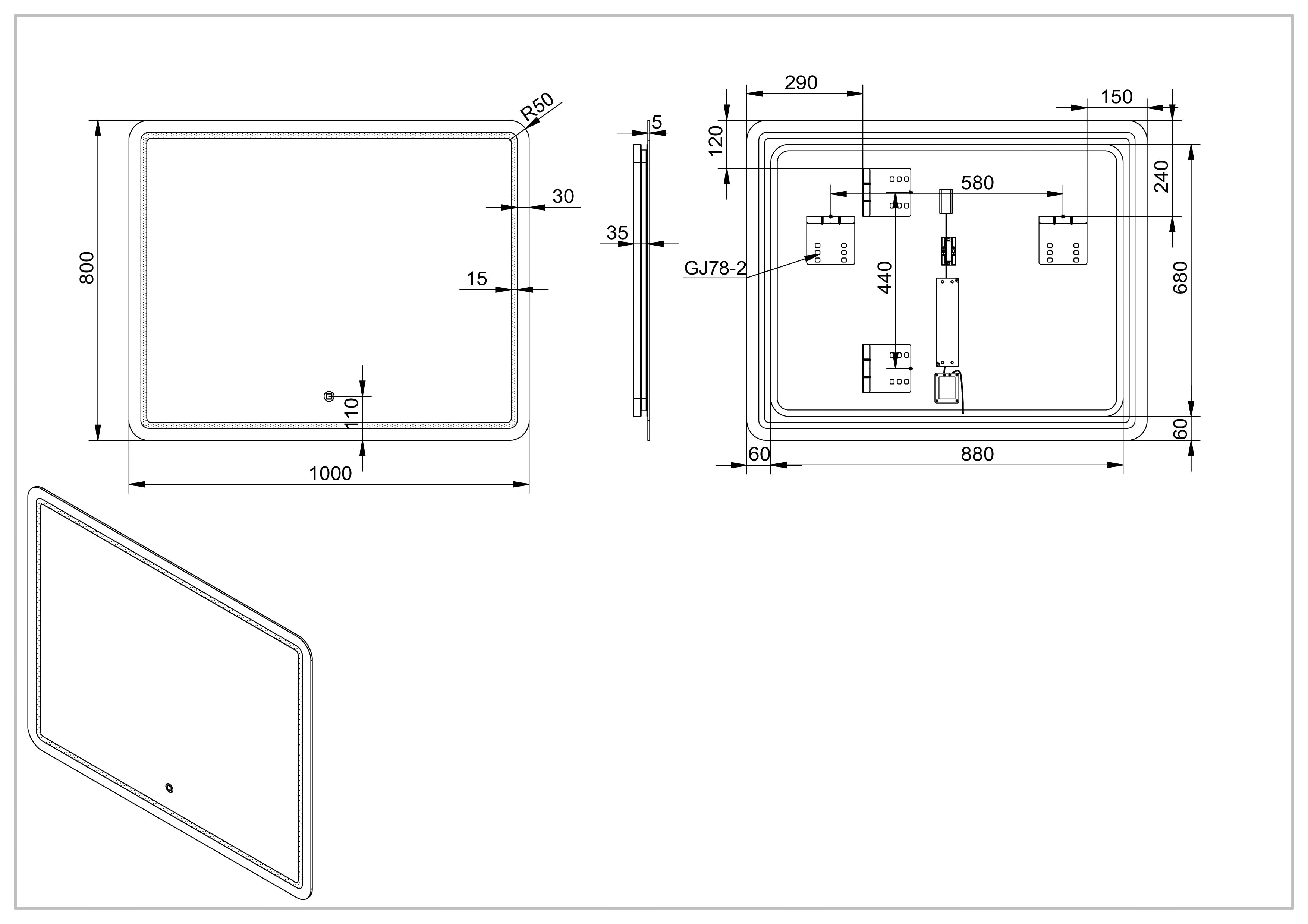 Aquamoon 1989 LED Bathroom Mirror 39" x 31" Wall Mounted Side Switch 6000K High Lumen