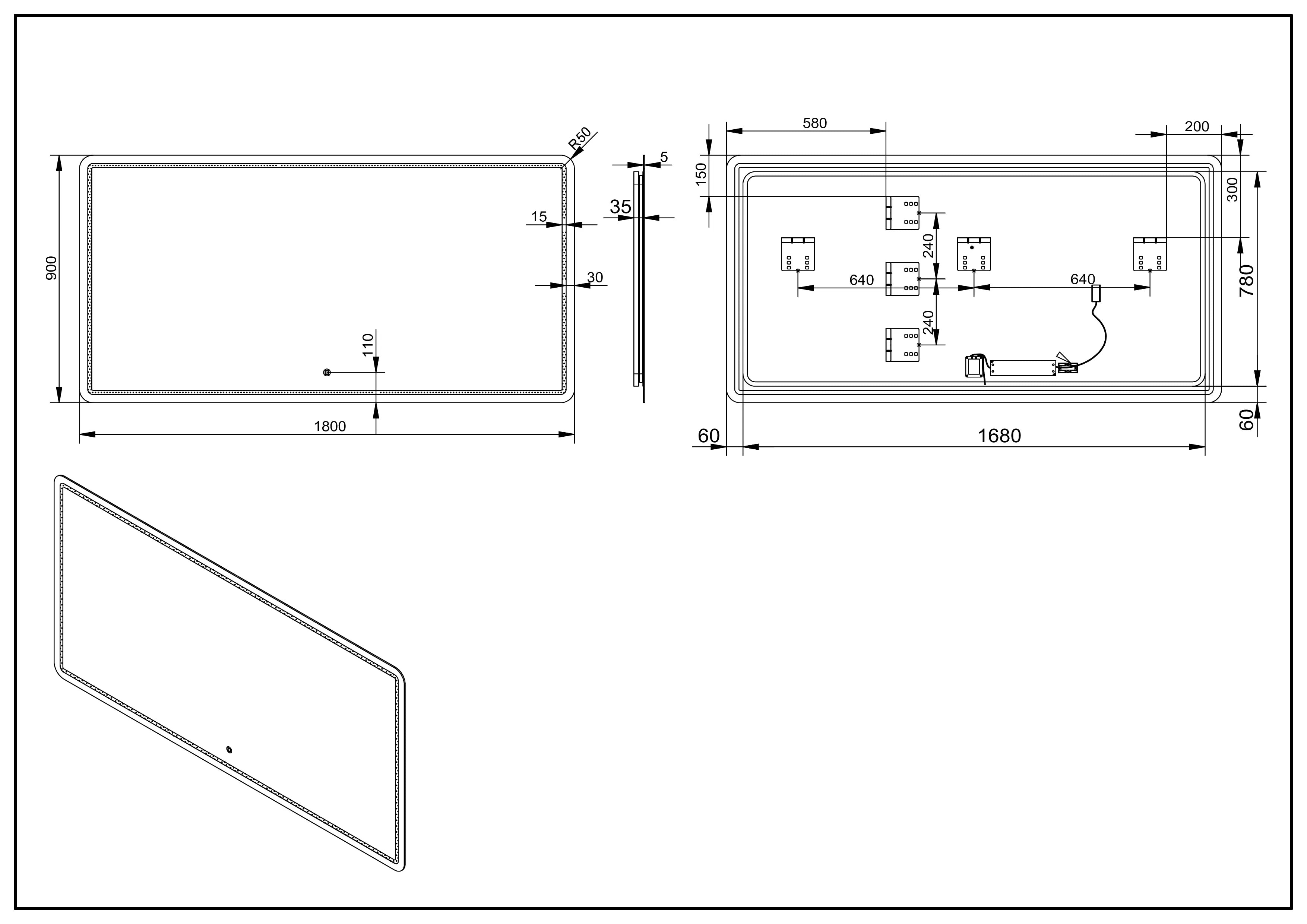 Aquamoon 1989 LED Bathroom Mirror 72" x 36" Wall Mounted Side Switch 6000K High Lumen