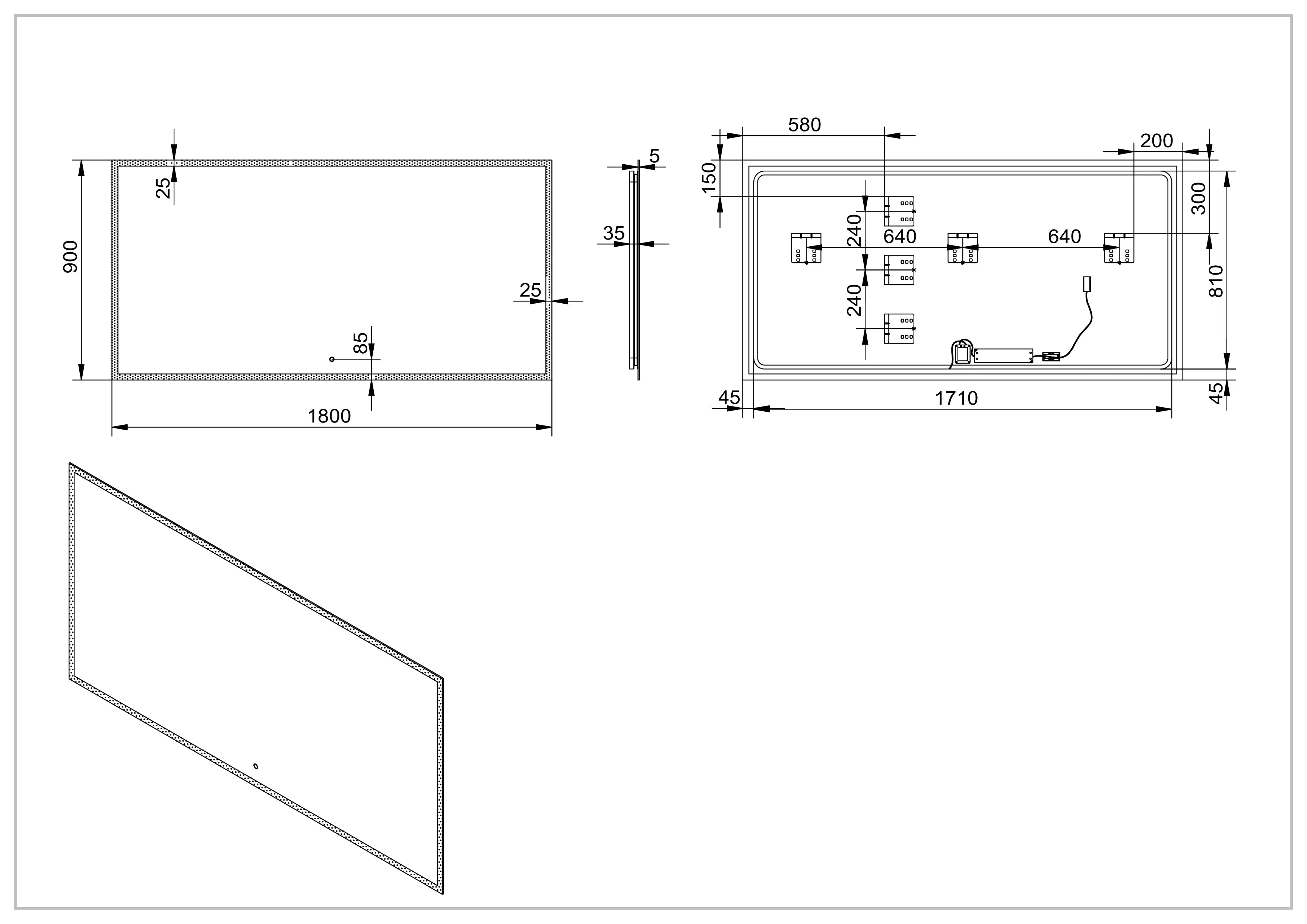 Aquamoon 2399 LED Bathroom Mirror 72" x 36" Wall Mounted Side Switch 6000K High Lumen