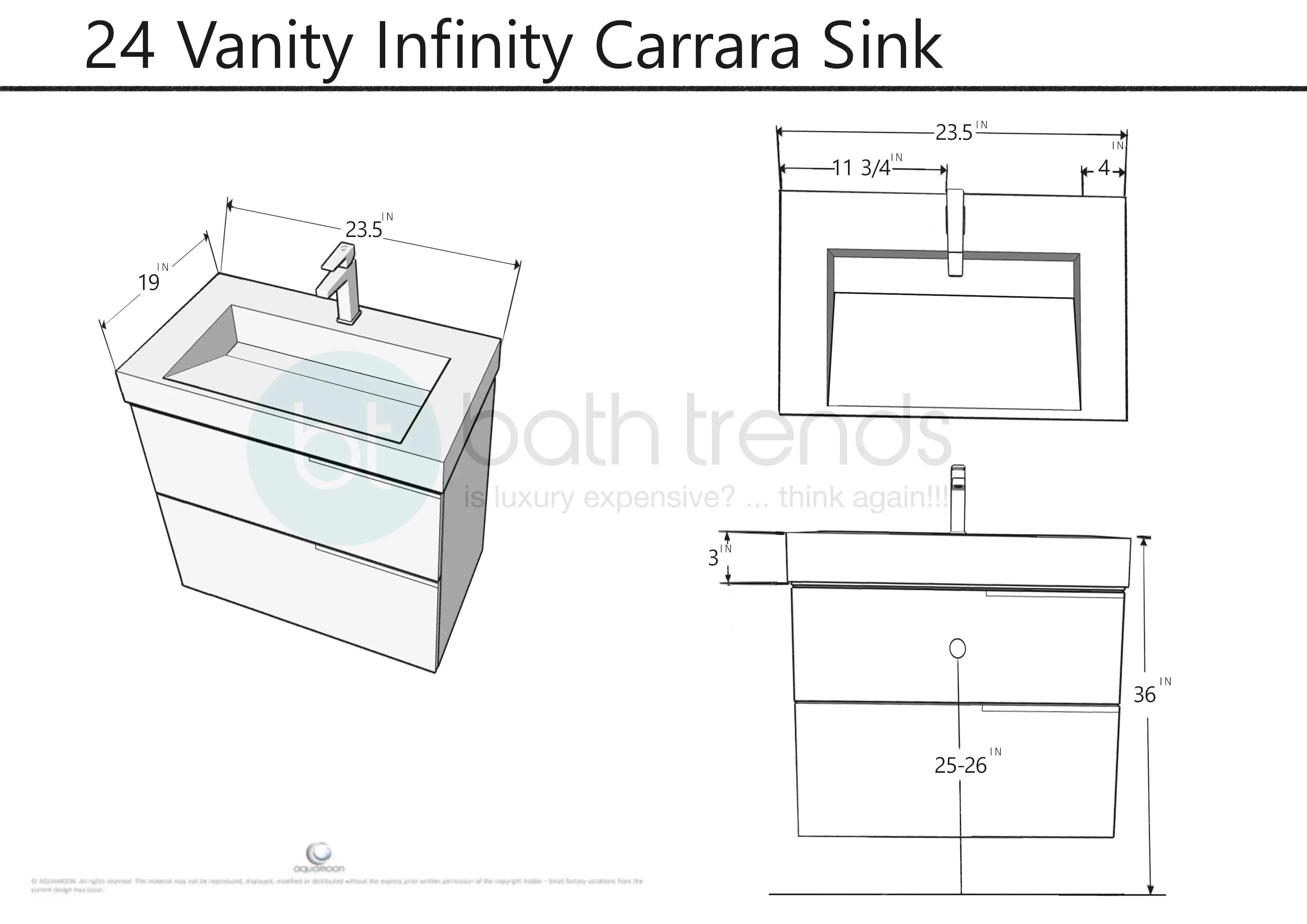 Vision 23.5 White High Gloss Cabinet, Solid Surface Matte White Top Carrara Infinity Sink, Wall Mounted Modern Vanity Set 