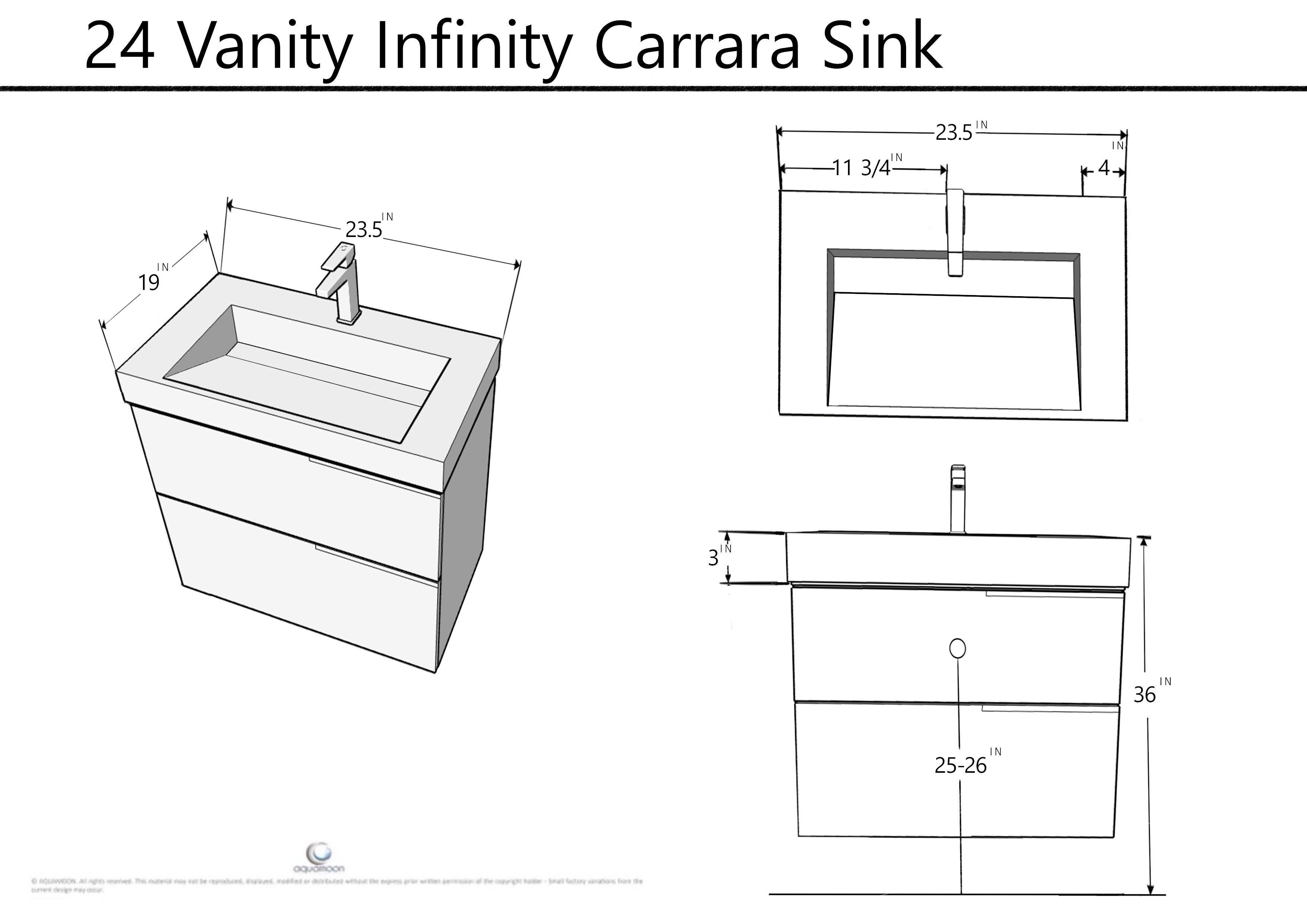 Ares 23.5 Matte White Cabinet, Solid Surface Matte White Top Carrara Infinity Sink, Wall Mounted Modern Vanity Set