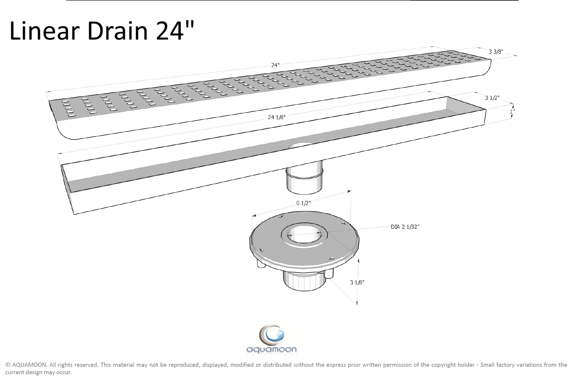 Aquamoon 24" Black Matte Linear  Shower Drain, 316 Stainless Steel, Square with Hair Strainer and Fittings