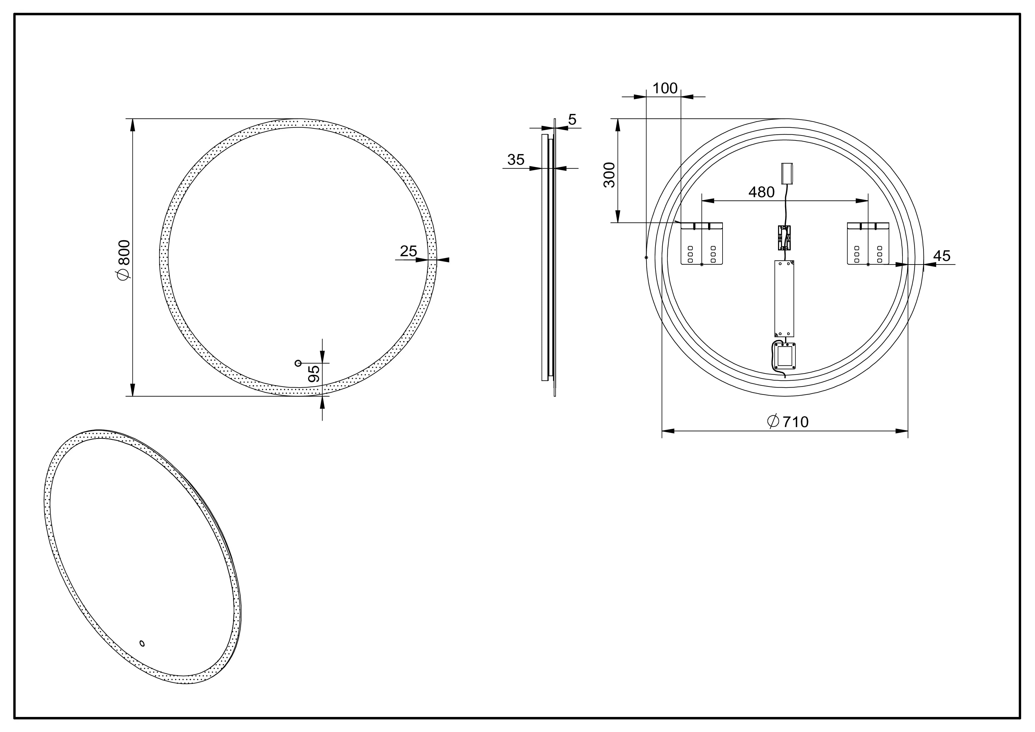 Aquamoon 2575 LED Bathroom Round Mirror 31" x 31" Wall Mounted Side Switch 6000K High Lumen