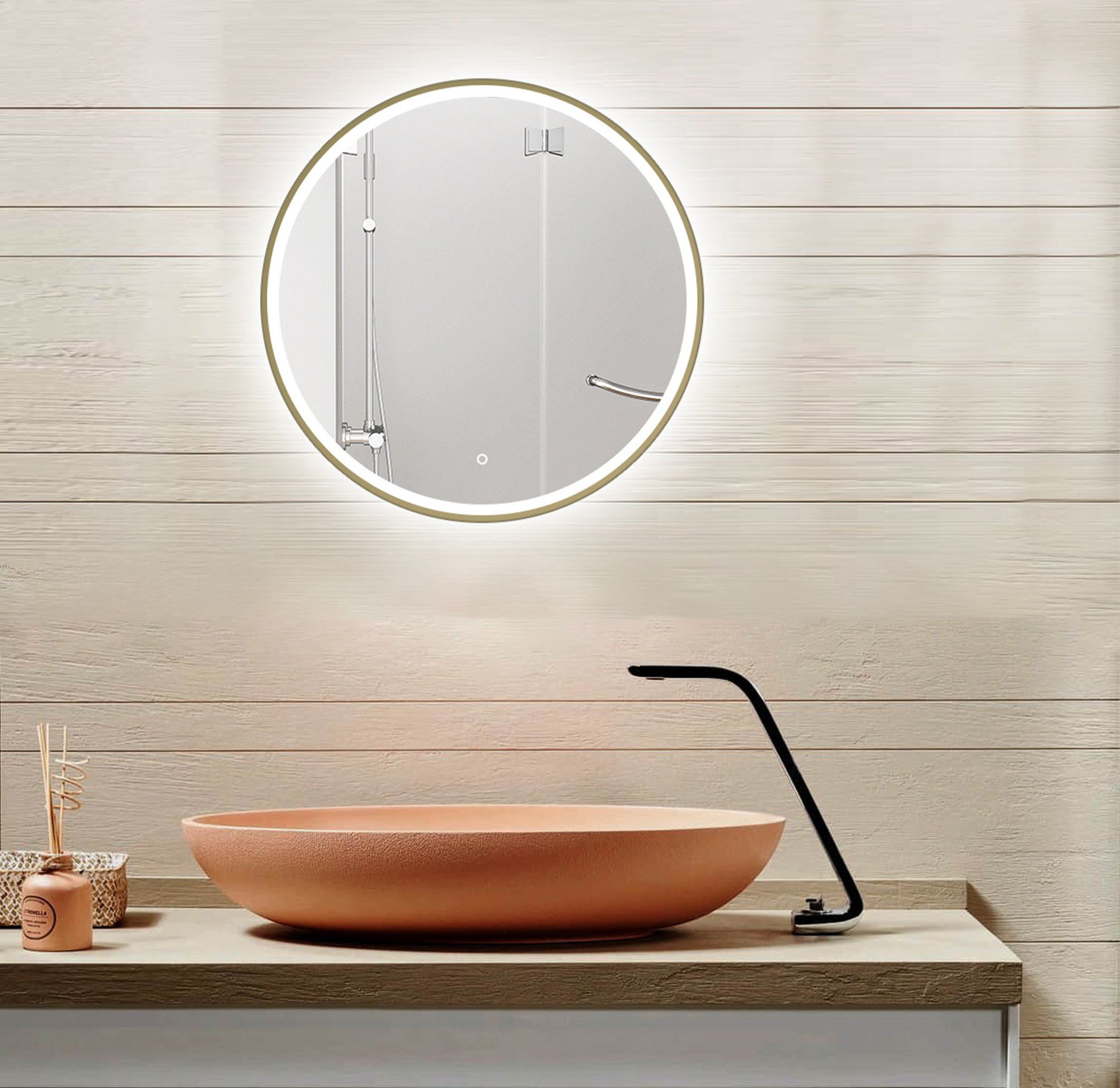 Aquamoon 2595 LED Bathroom Mirror 48" Round Wall Mounted, Sensor Touch Switch with Brush Gold Frame