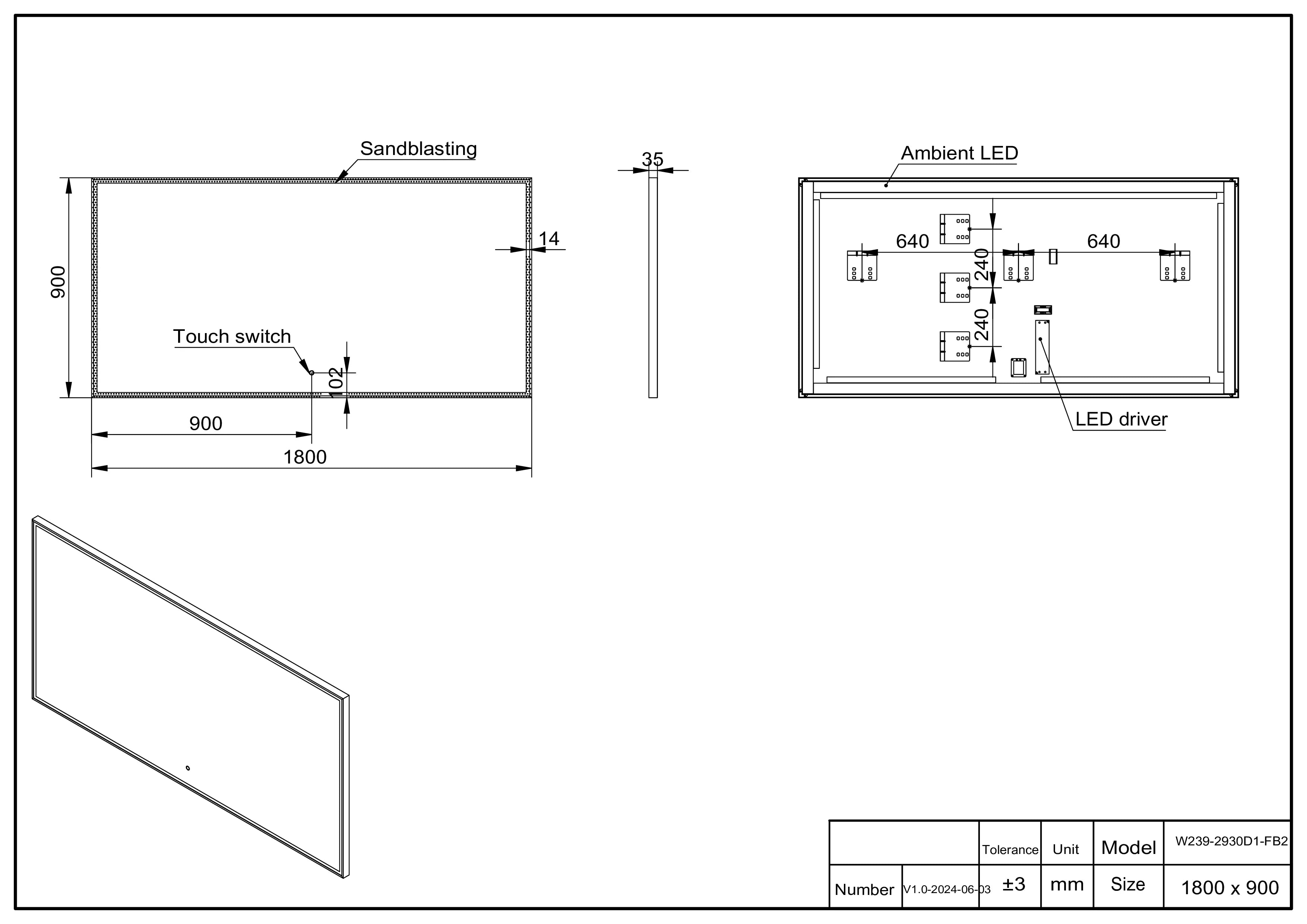 Aquamoon 2595 LED Bathroom Mirror 72" x 36" Wall Mounted, Sensor Touch Switch with Brush Gold Frame