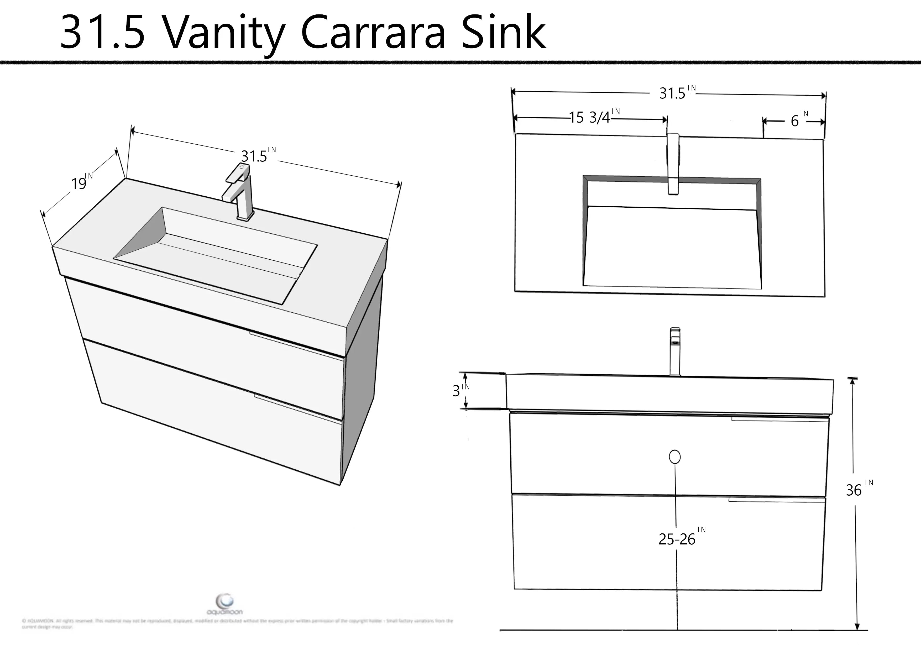 Vision 31.5 Valenti Medium Brown Wood Cabinet, Solid Surface Matte White Top Carrara Infinity Sink, Wall Mounted Modern Vanity Set 