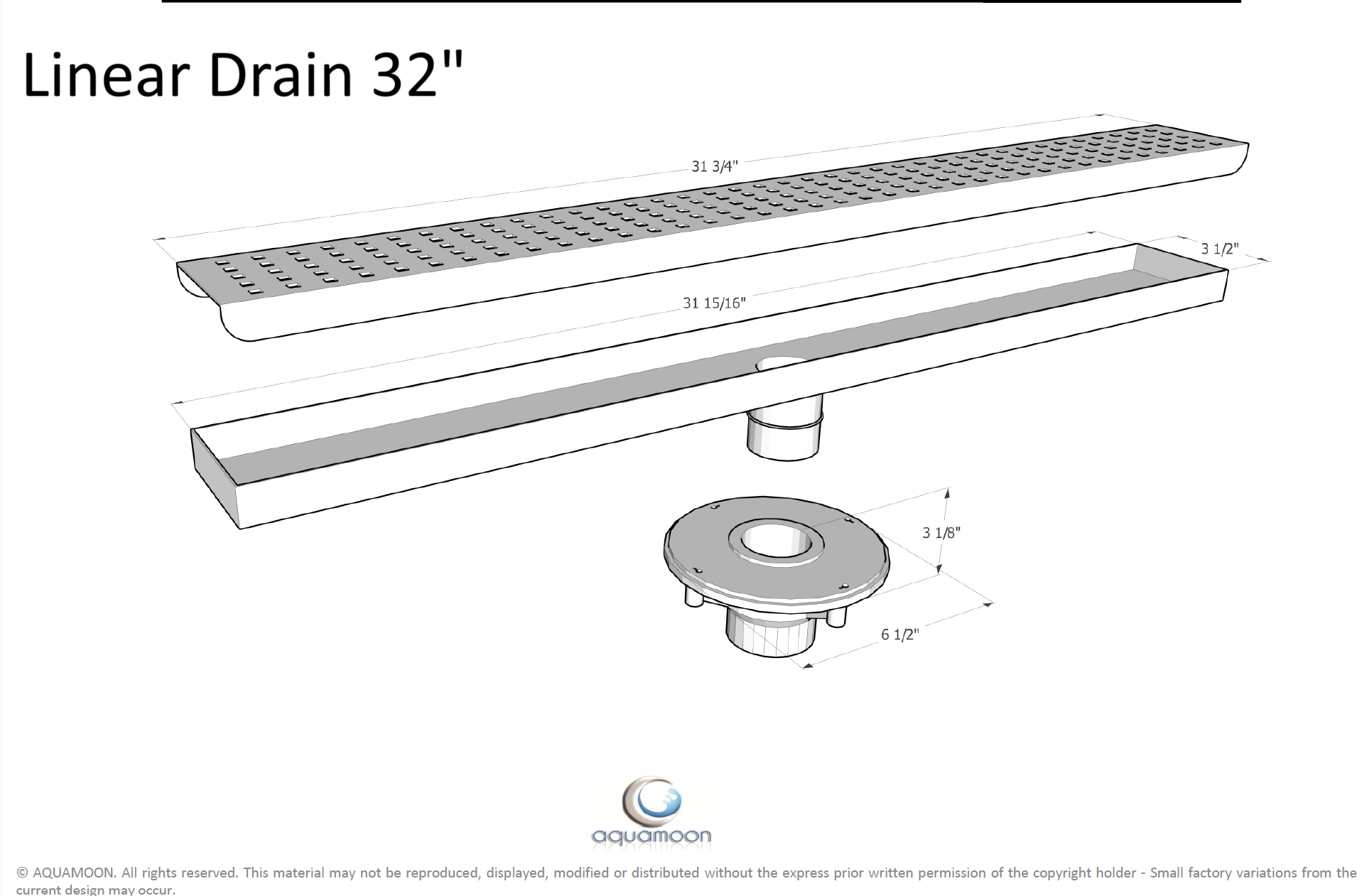 Aquamoon 32" Brush Nickel Linear  Shower Drain, 316 Stainless Steel, Square with Hair Strainer and Fittings