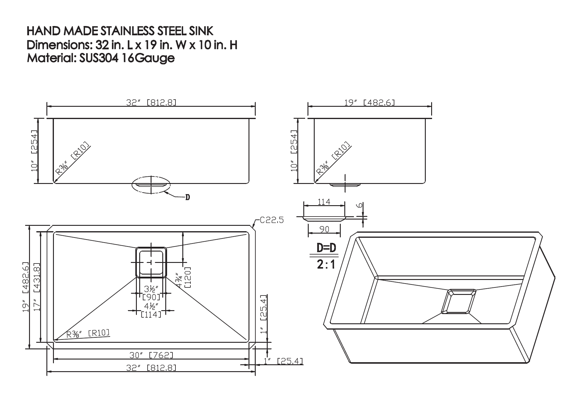 Kitchen Sink Single Bowl 16 Gauge w32xd19xh10 bathtrends_usa