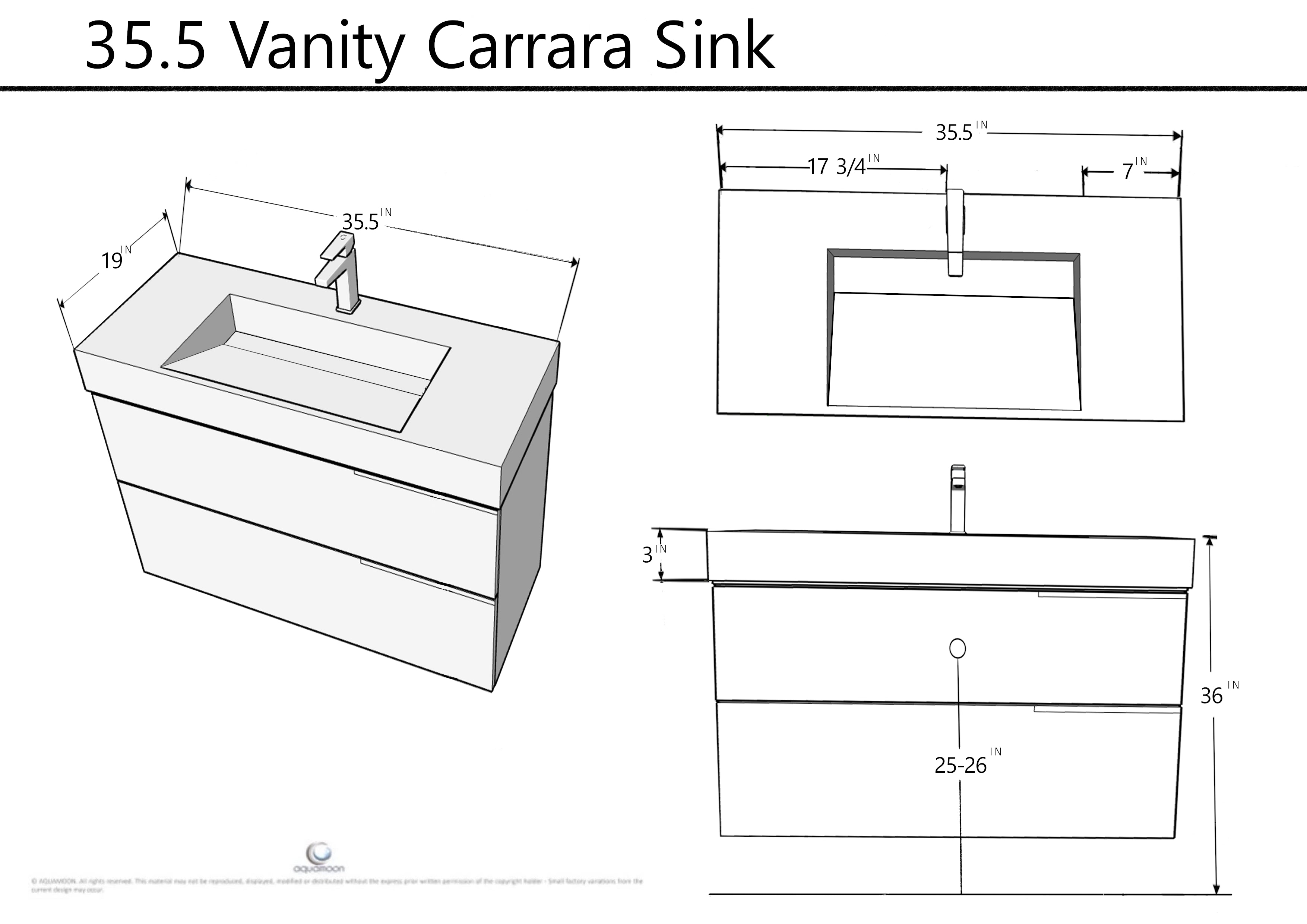 Ares 35.5 Matte White Cabinet, Solid Surface Matte Black Carrara Infinity Sink, Wall Mounted Modern Vanity Set