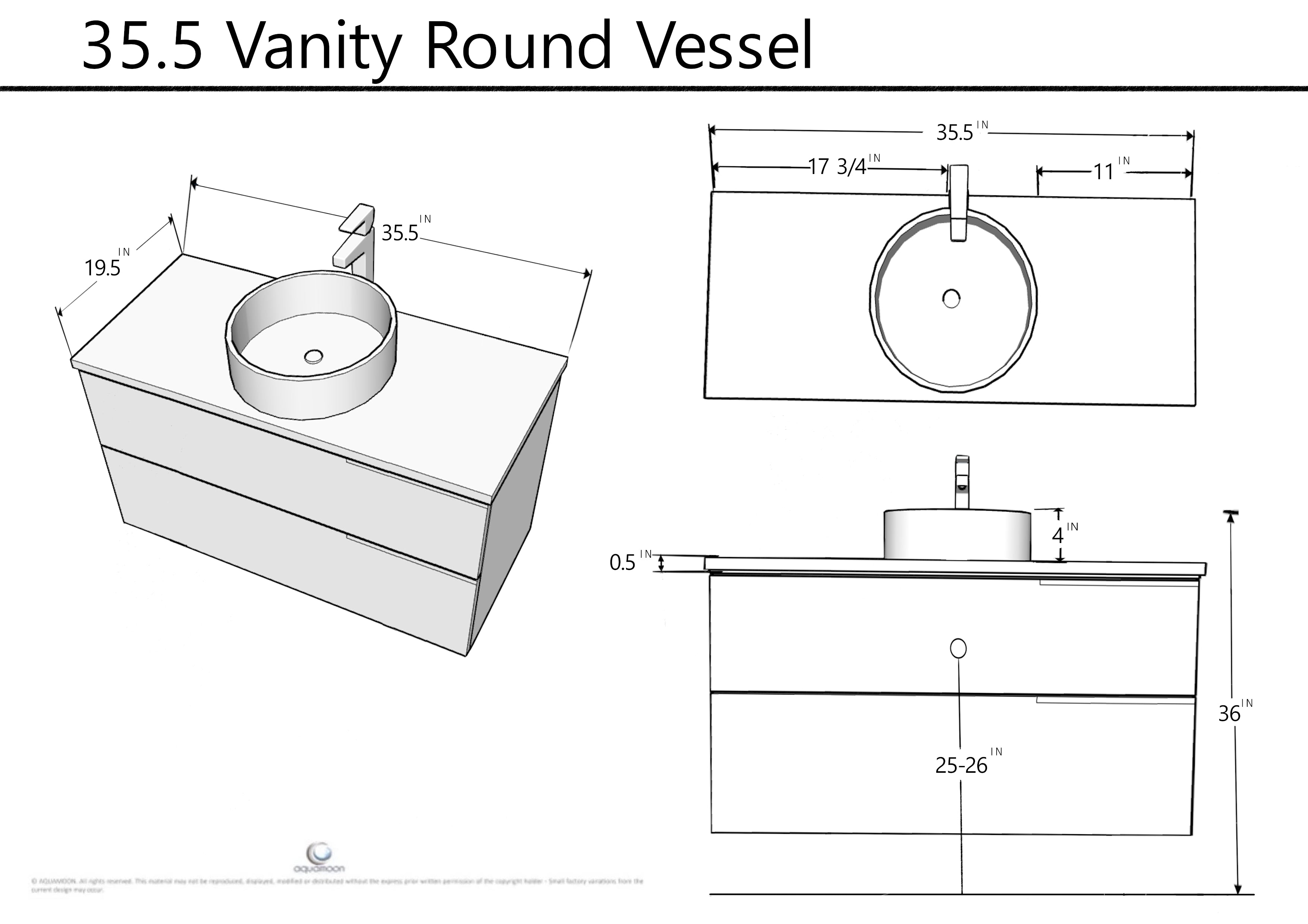 Vision 35.5 Natural Light Wood Cabinet, Solid Surface Flat White Counter And Round Solid Surface White Basin 1153, Wall Mounted Modern Vanity Set