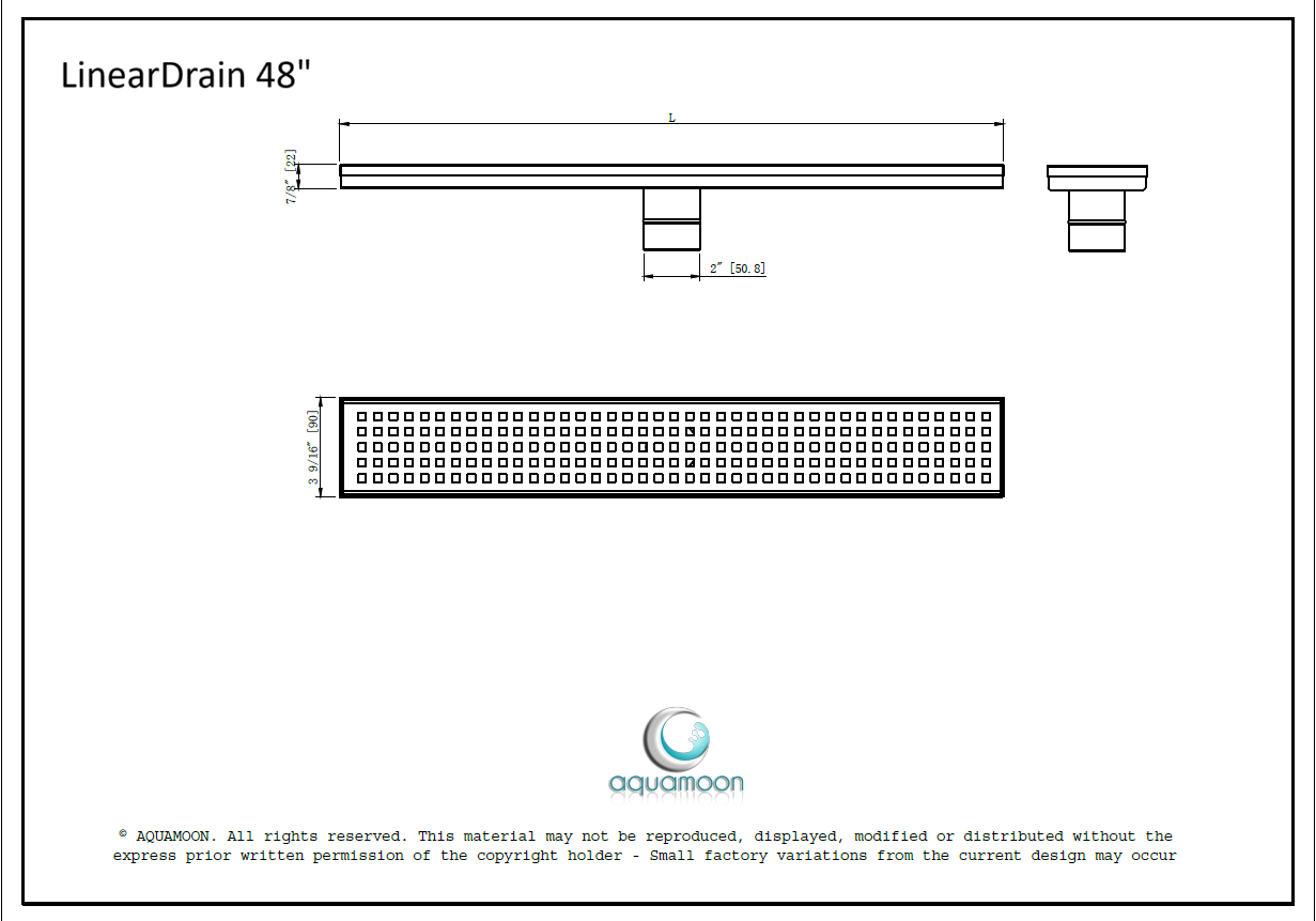 Aquamoon 48" Brush Nickel Linear  Shower Drain, 316 Stainless Steel, Square with Hair Strainer and Fittings