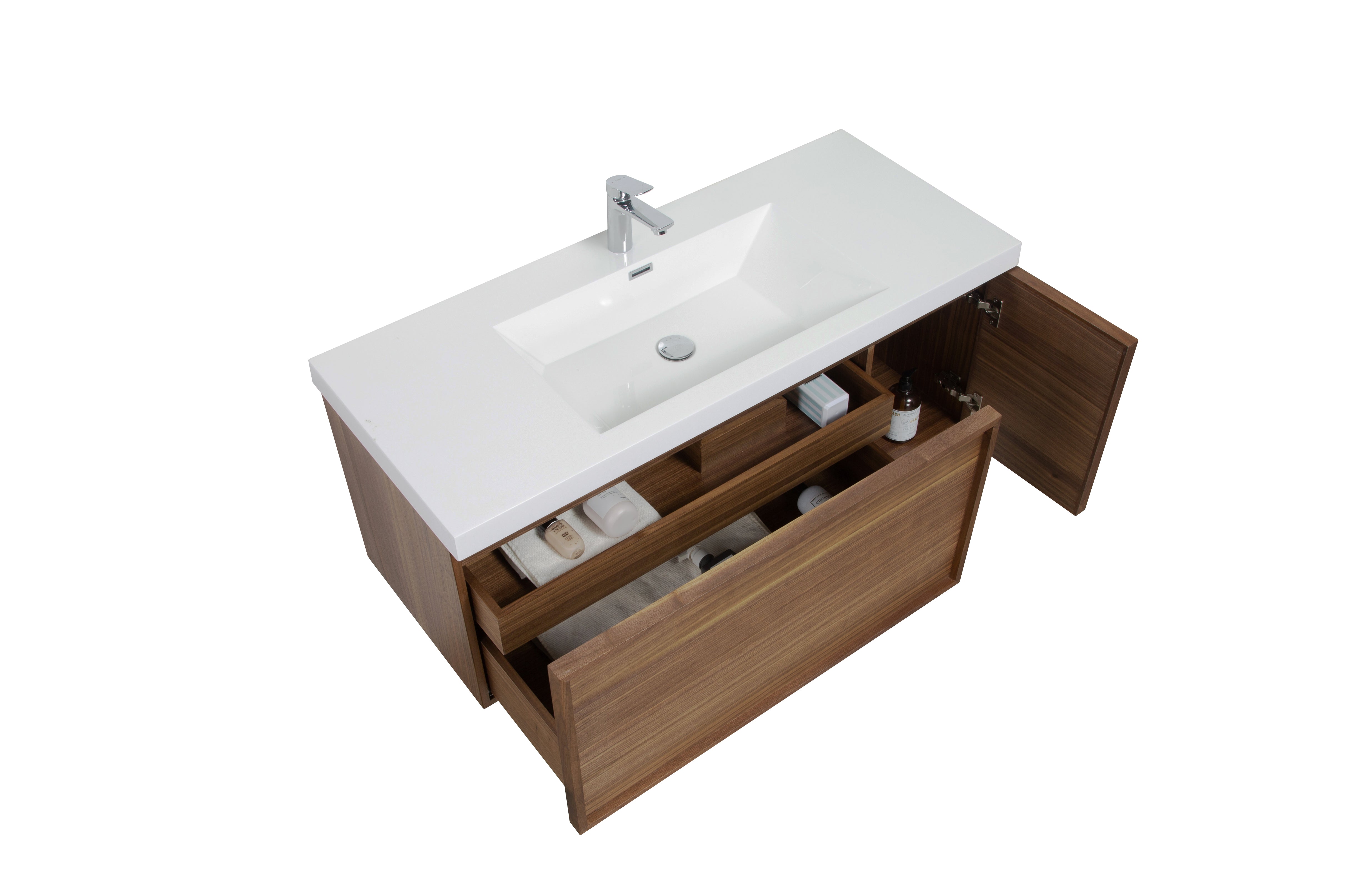 Hera 47.5 Natural Oak Cabinet, Square Cultured Marble Sink, Wall Mounted Modern Vanity Set Square Cultured Marble Bath Trends USA