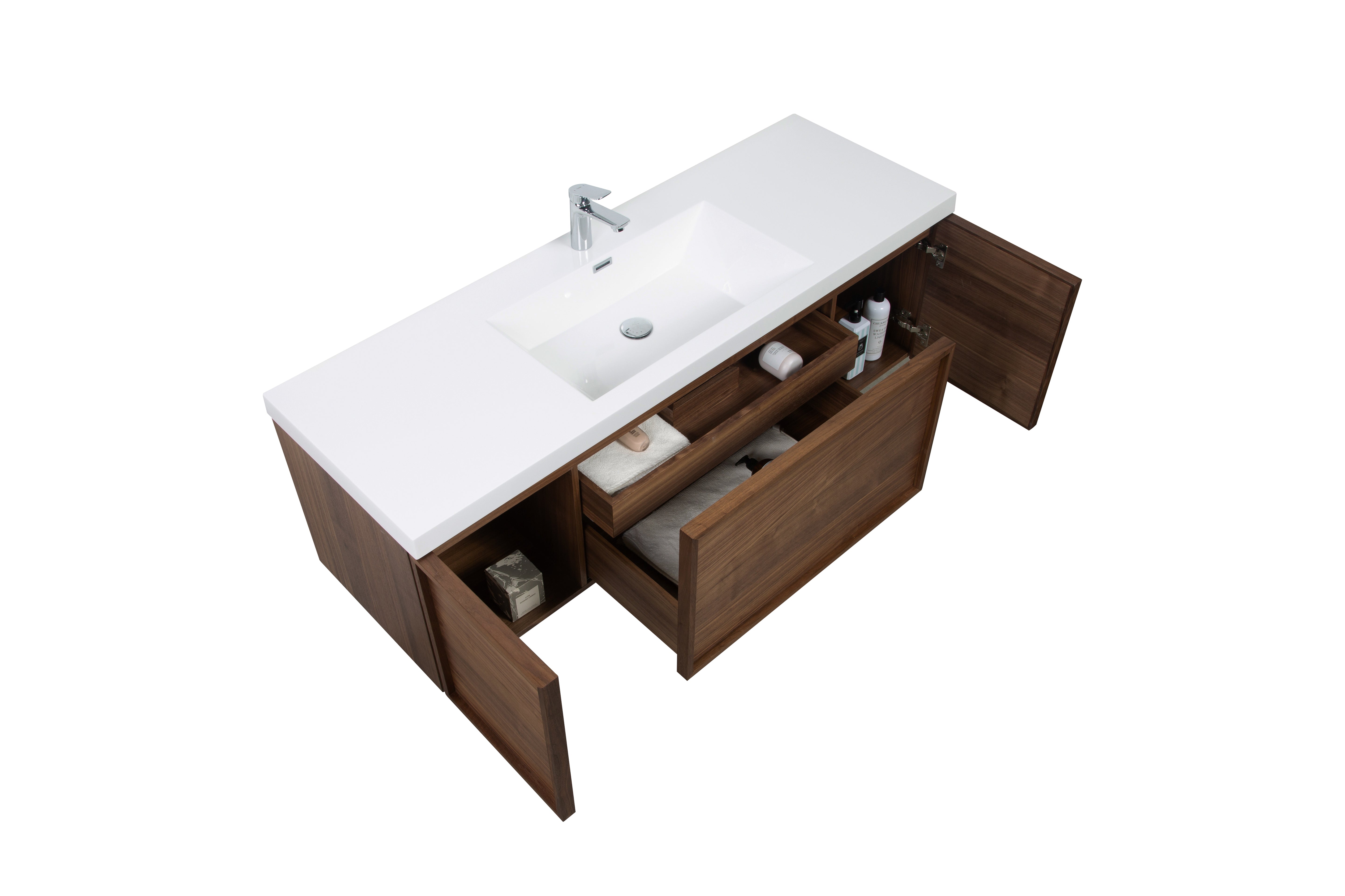 Hera 59.5 Natural Oak Cabinet, Square Cultured Marble Sink, Wall Mounted Modern Vanity Set Square Cultured Marble Bath Trends USA