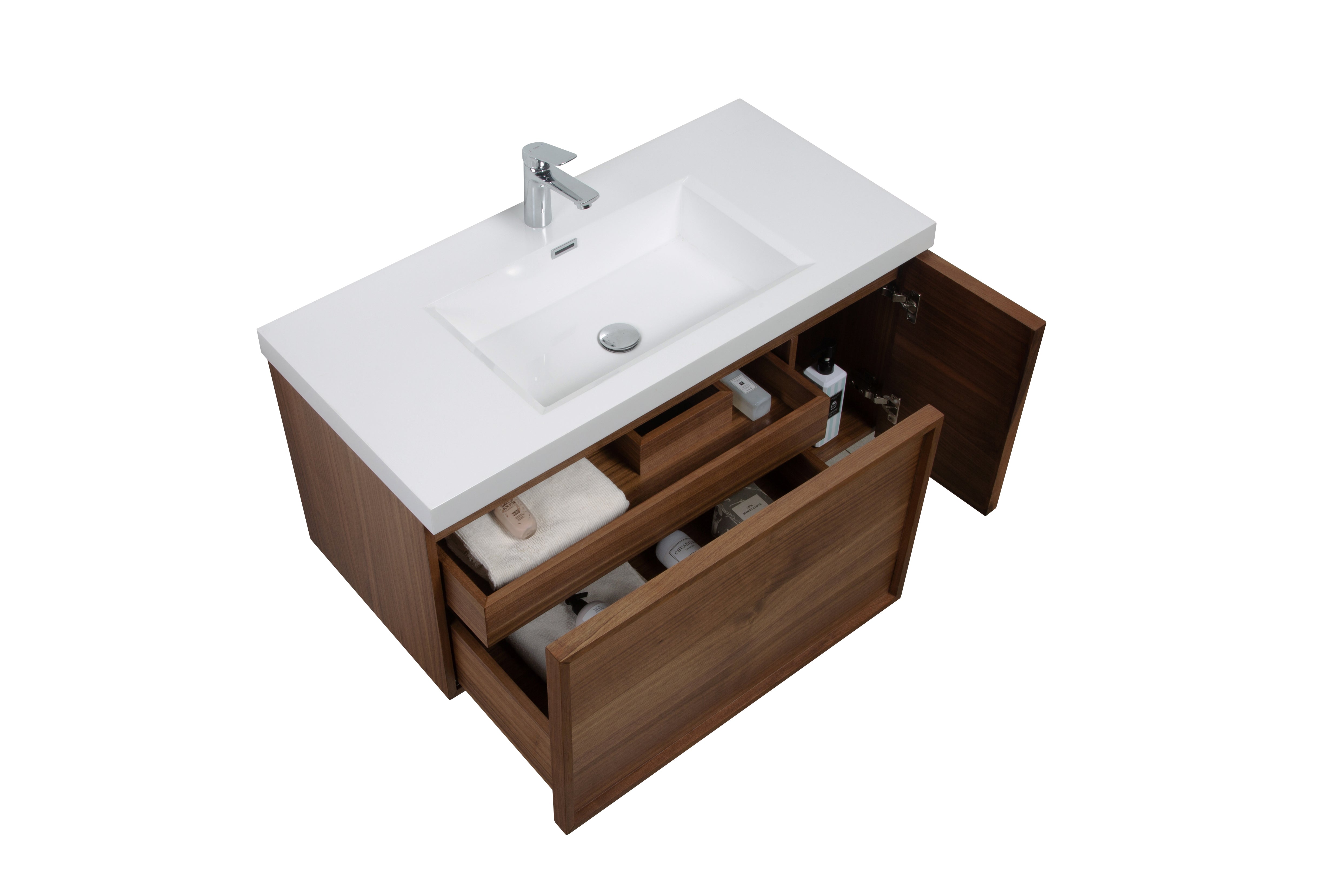 Hera 39.5 Natural Oak Cabinet, Square Cultured Marble Sink, Wall Mounted Modern Vanity Set Bath Trends USA