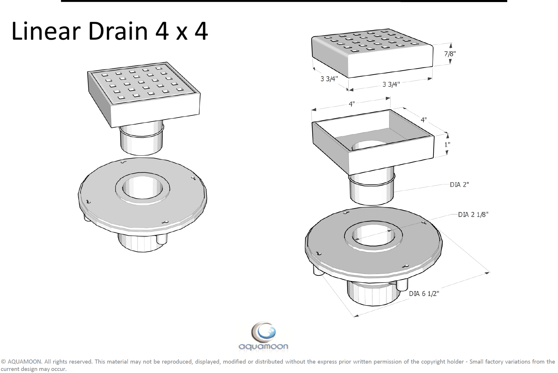 Aquamoon 4 x 4 Chrome Linear  Shower Drain, 316 Stainless Steel, Square with Hair Strainer and Fittings