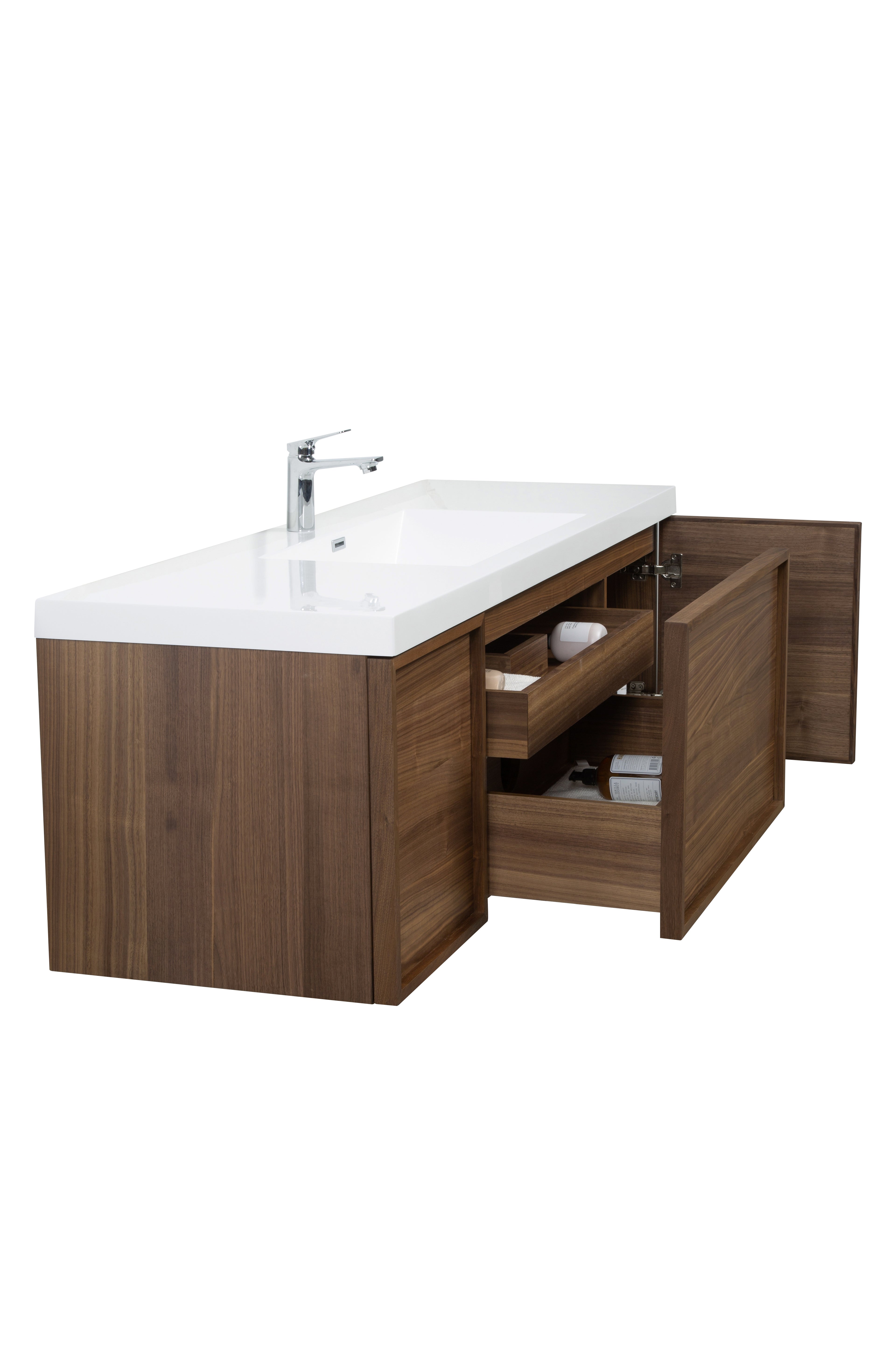 Hera 59.5 Natural Oak Cabinet, Square Cultured Marble Sink, Wall Mounted Modern Vanity Set Square Cultured Marble Bath Trends USA