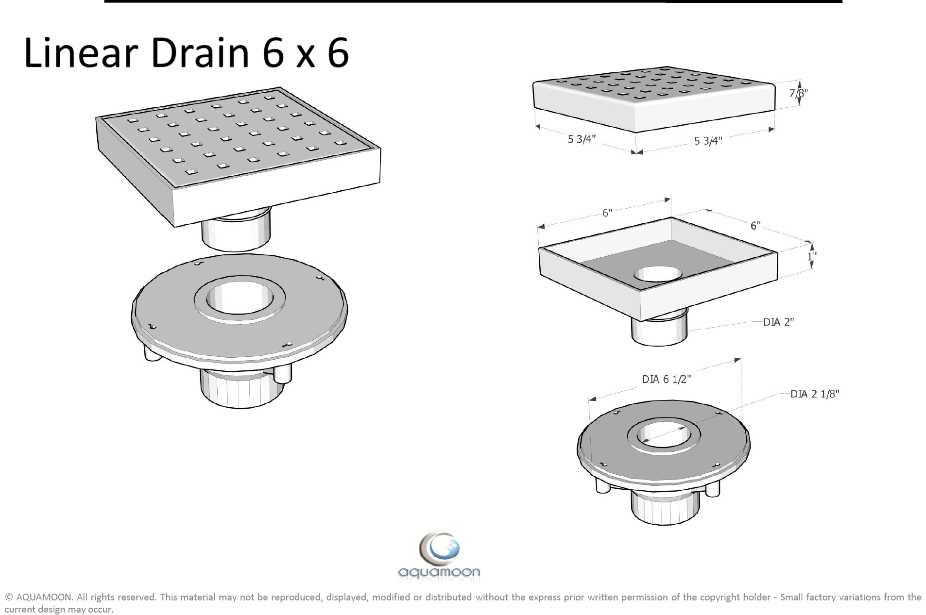 Aquamoon 6 x 6 Brush Nickel Linear  Shower Drain, 316 Stainless Steel, Square with Hair Strainer and Fittings