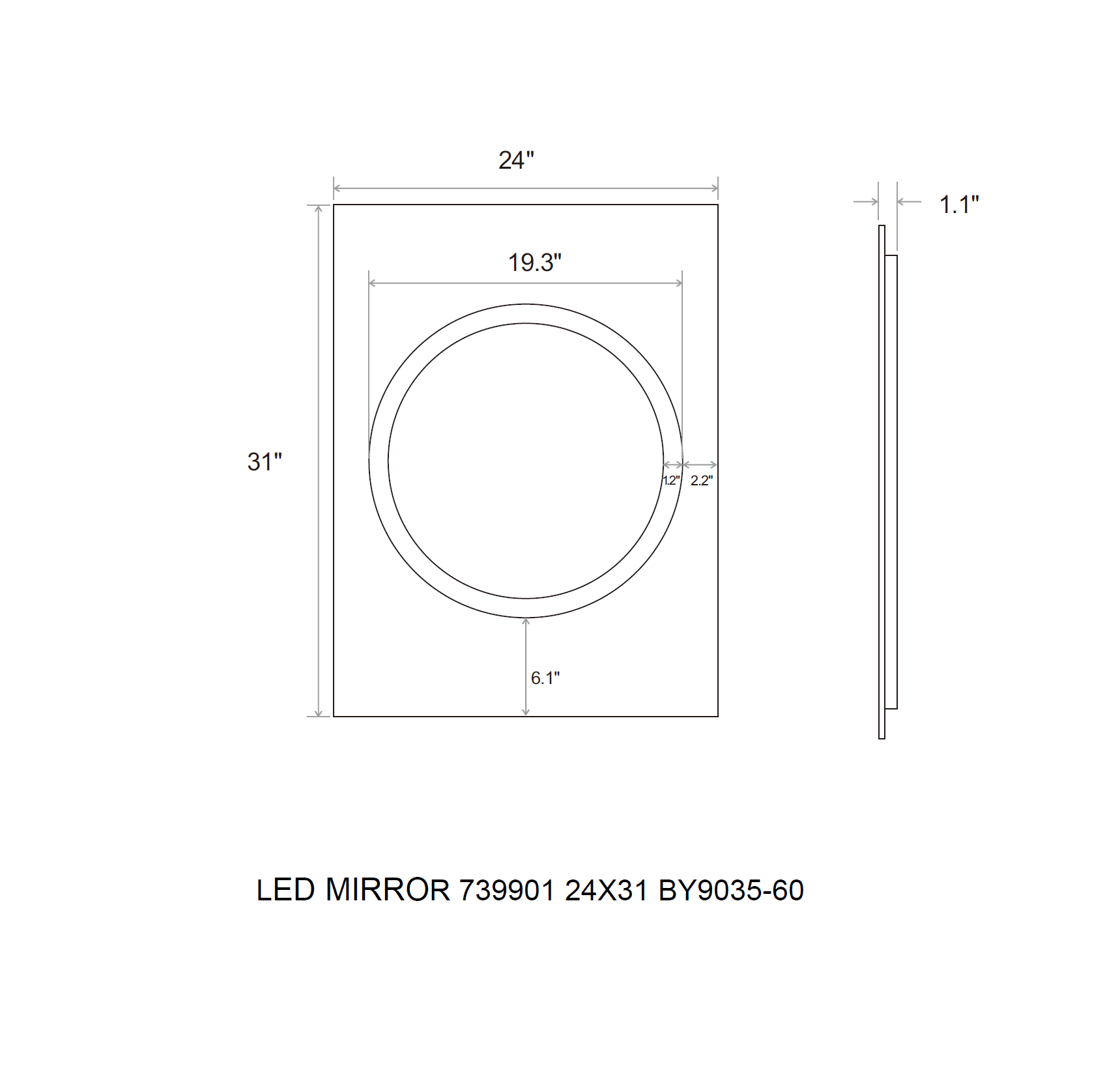 Aquamoon 7399 LED Bathroom Mirror 24" x 31" Wall Mounted Side Switch 6000K High Lumen