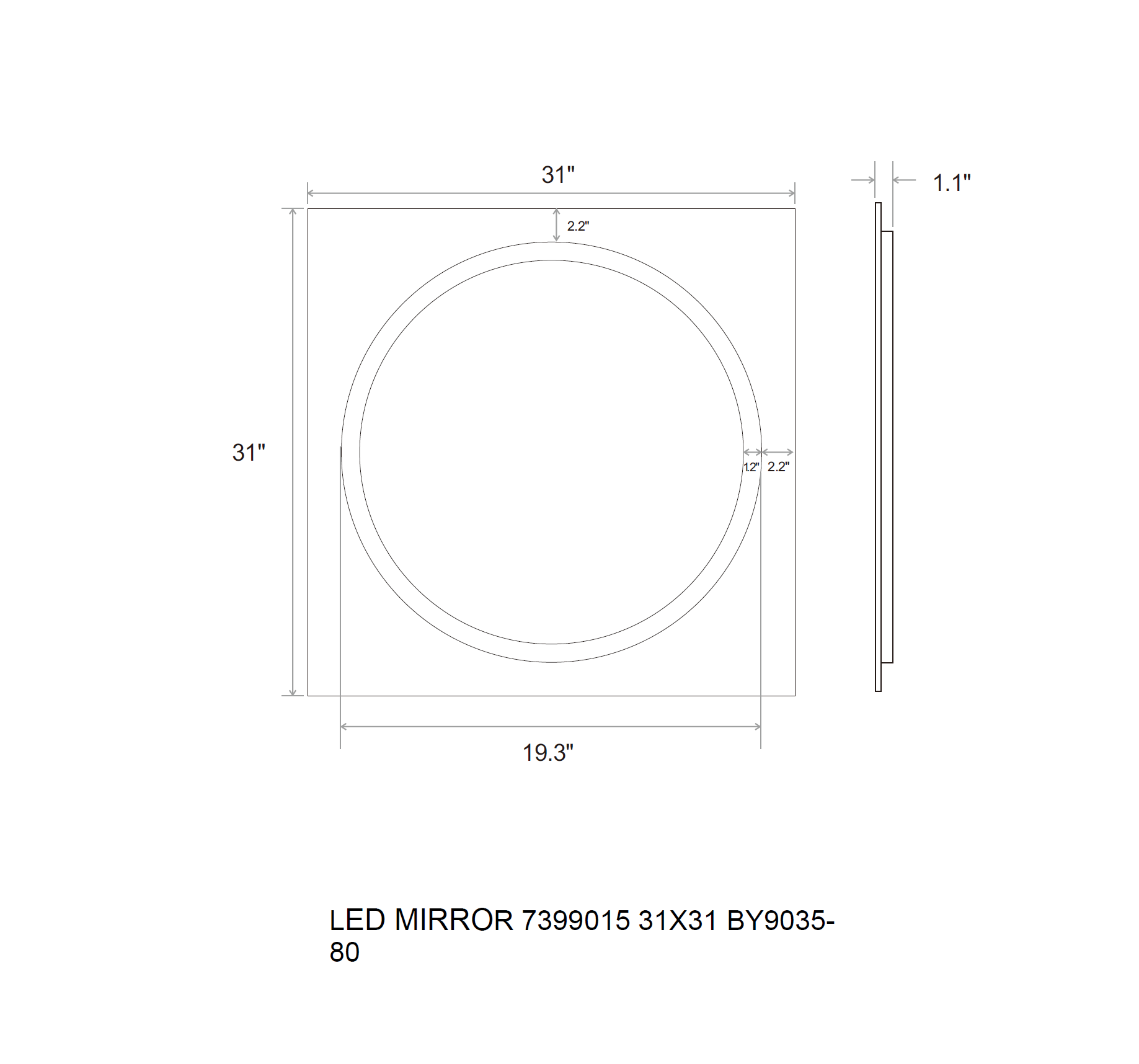 Aquamoon 7399 LED Bathroom Mirror 31" x 31" Wall Mounted Side Switch 6000K High Lumen