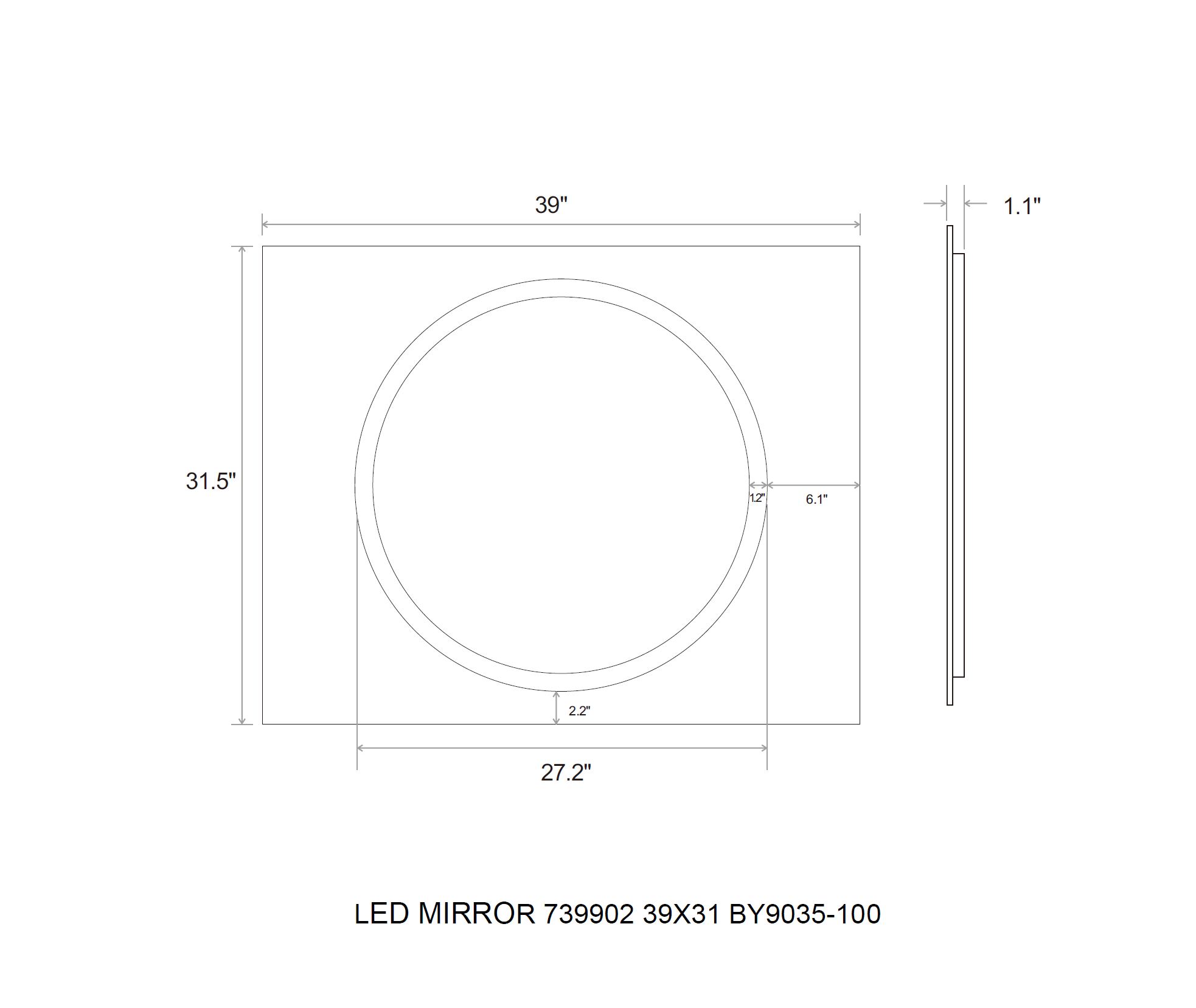 Aquamoon 7399 LED Bathroom Mirror 39" x 31" Wall Mounted Side Switch 6000K High Lumen